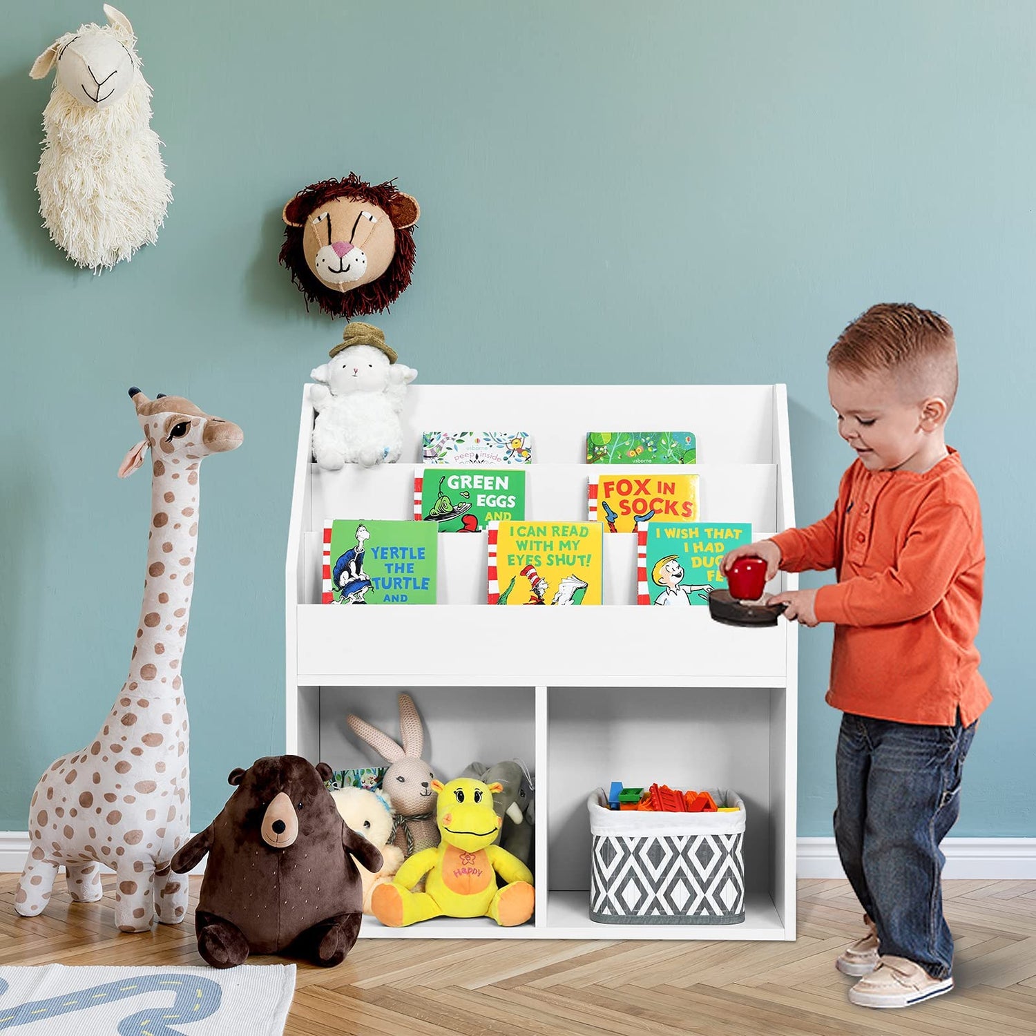 GYMAX Wooden Kids Bookshelf with 3 Tiers Shelves and 2 Compartments