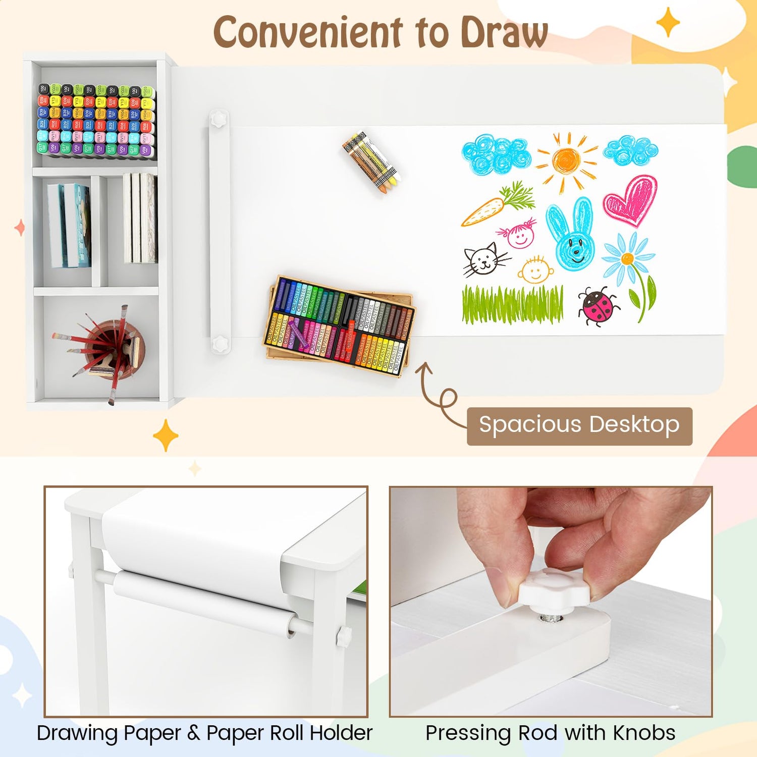 Kids Art Table and Chairs Set with Paper Roll and Storage Shelves