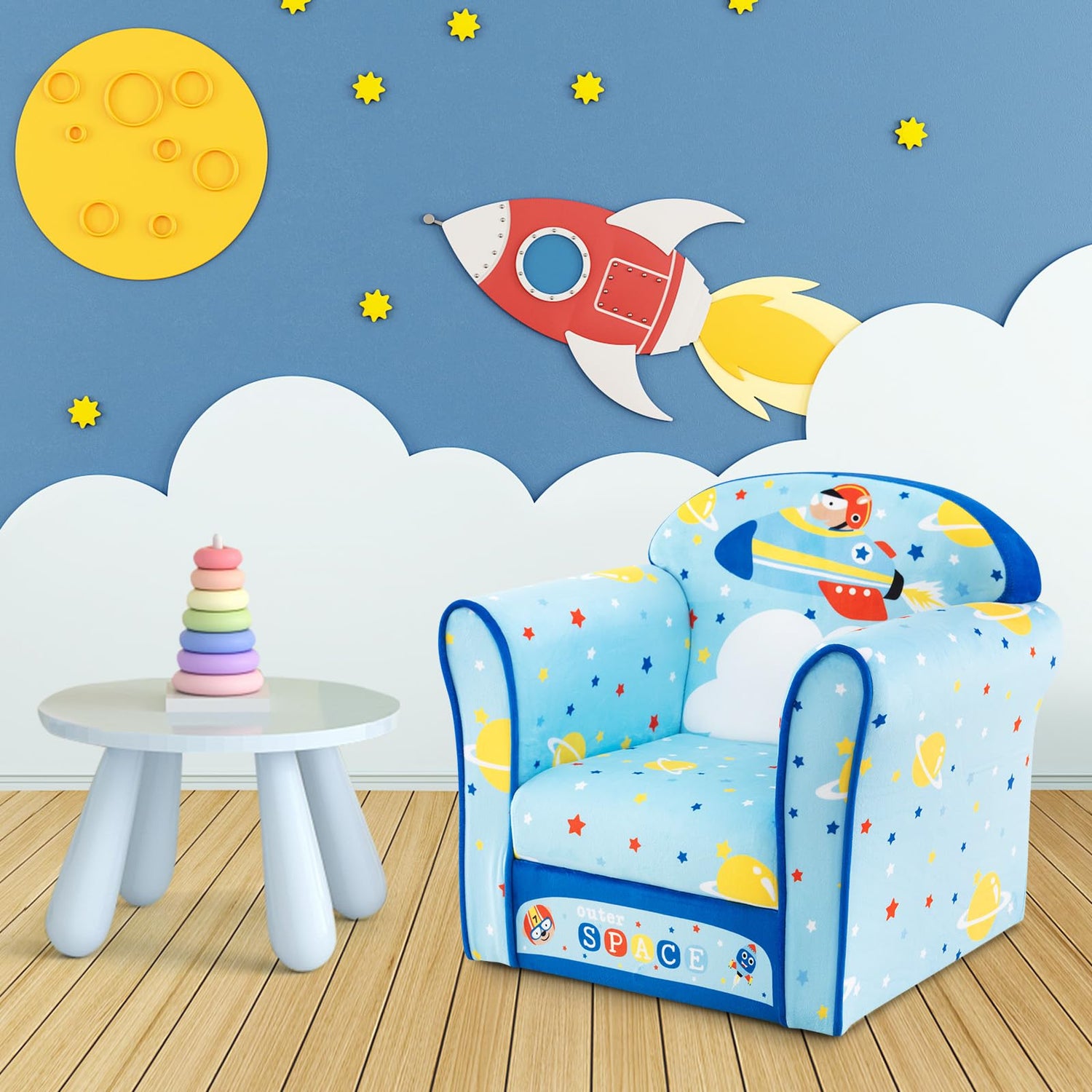 GYMAX Kids Sofa Chair, Wooden Children Armchair with Cute Pattern and Non-slip Foot Pads