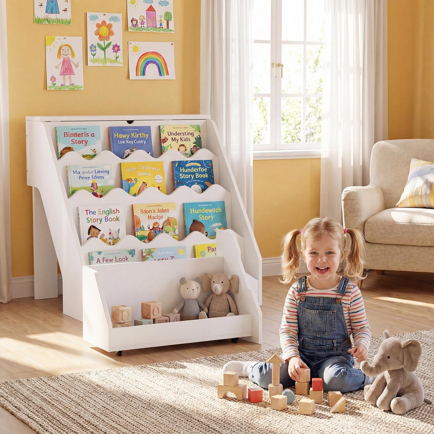 Kids Bookshelf, Wooden Toddler Book Toy Storage Organizer with Rolling Drawer Cart