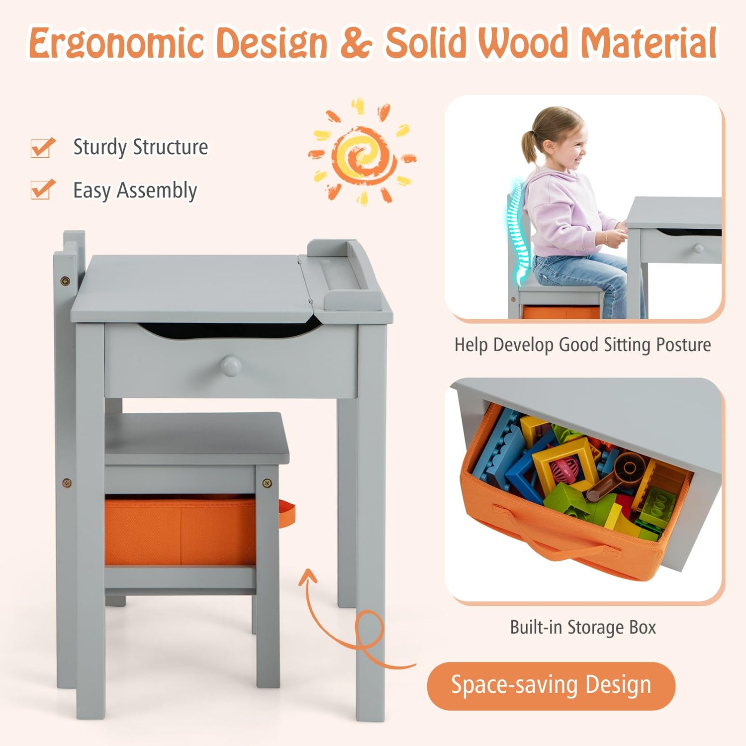 GYMAX Kids Desk and Chair Set, Wooden Children Activity Table with Chair