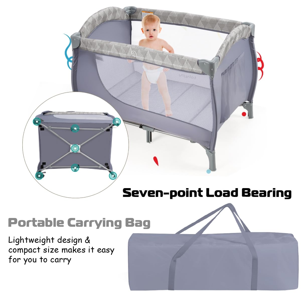 GYMAX 3 in 1 Folding Travel Cot