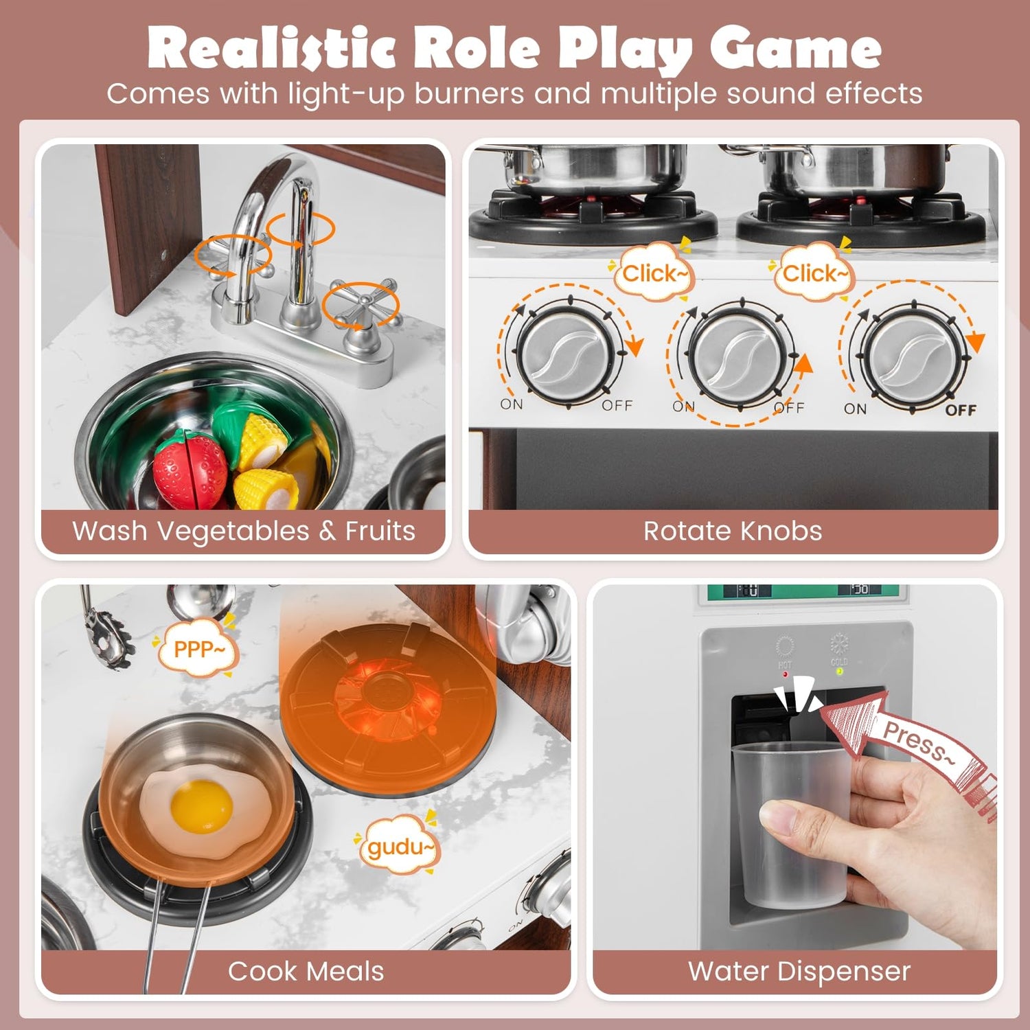 GYMAX Wooden Play Kitchen - Kids Toy Kitchen with Microwave, Fridge, Water Dispenser, Telephone, Oven, Cookware