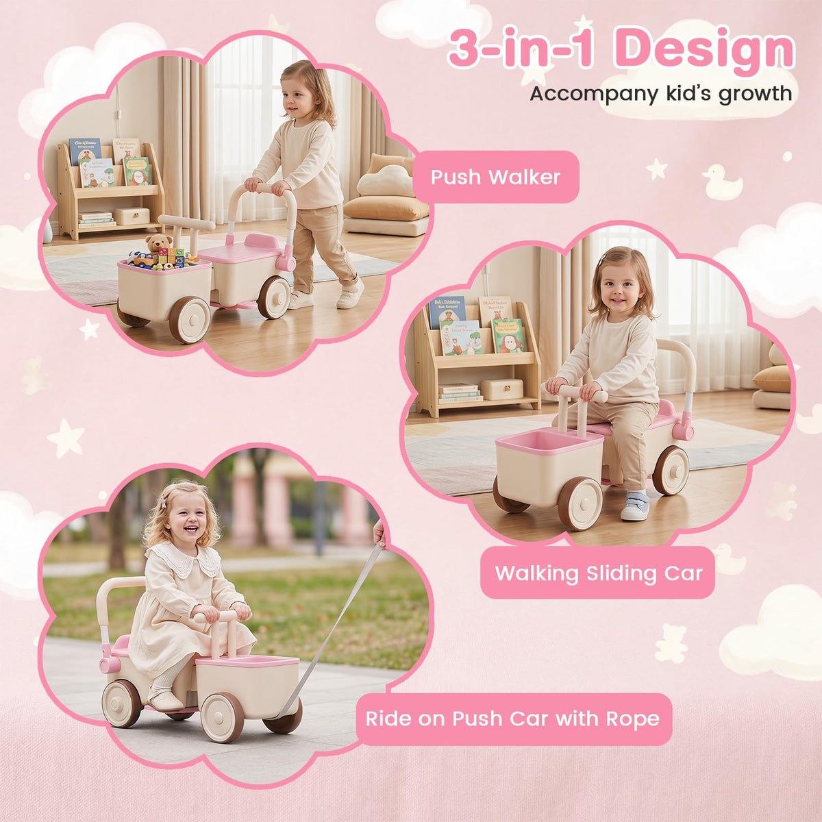 3 in 1 Ride on Push Car, Toddler Push Along Car with Tow Rope
