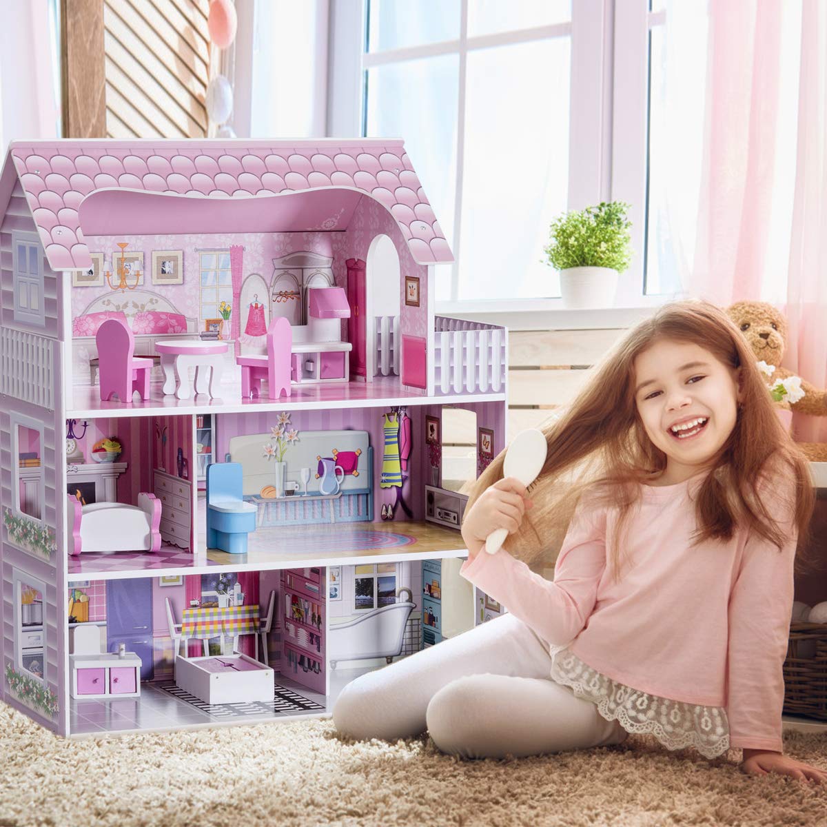 GYMAX 3-Storey Wooden Dolls House