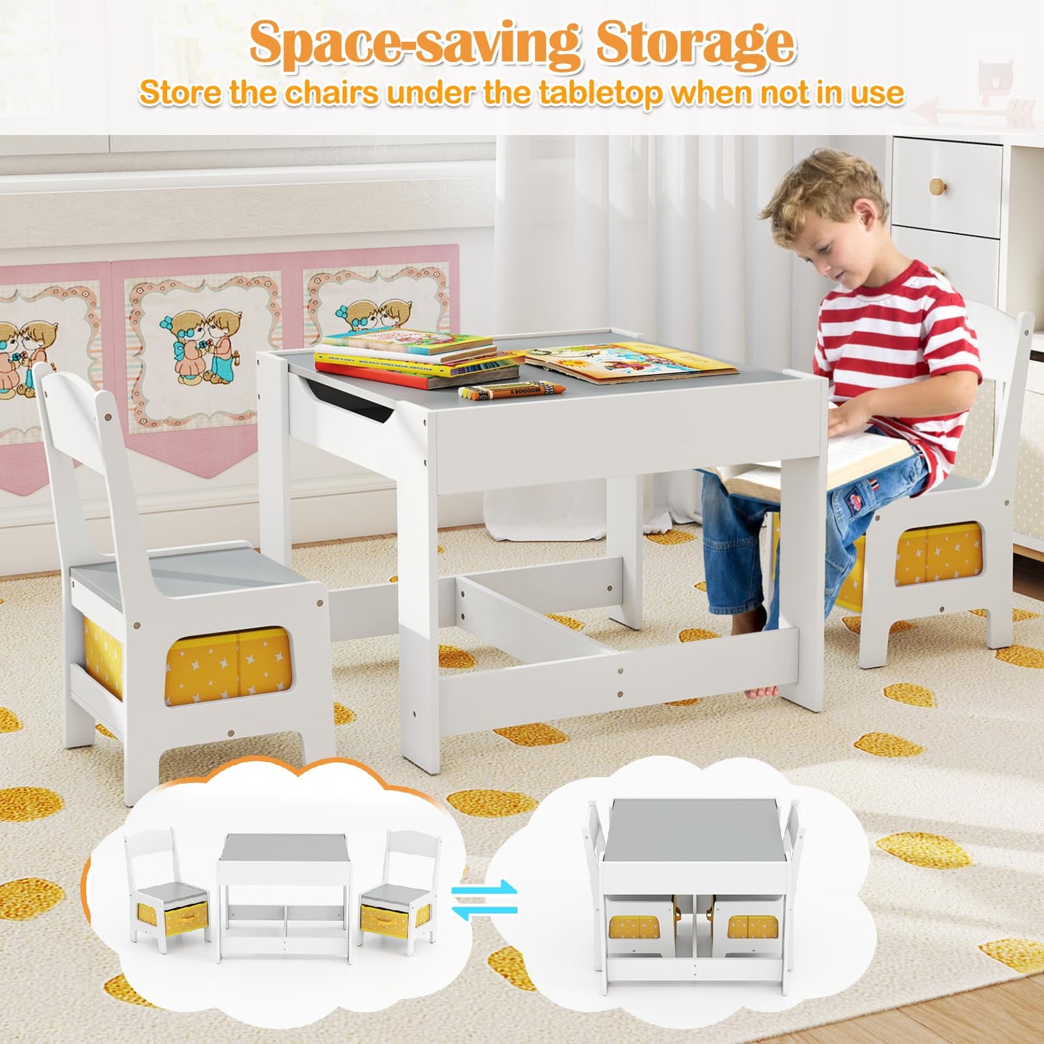 Kids Table Chair Set with Double Side Tabletop Table and Storage Box
