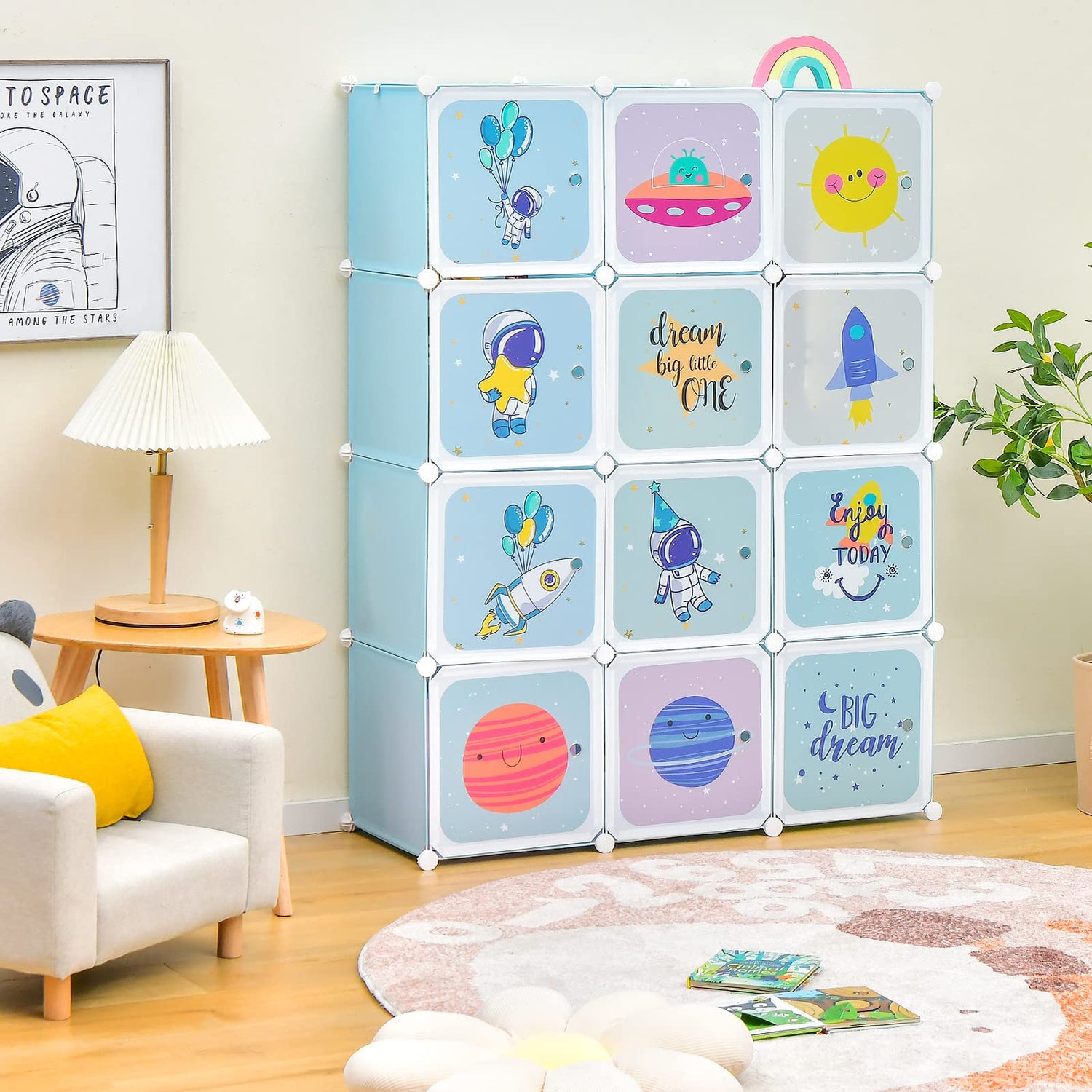 GYMAX Cartoon Clothes Closet, Portable Kids Wardrobe with Hanging Section