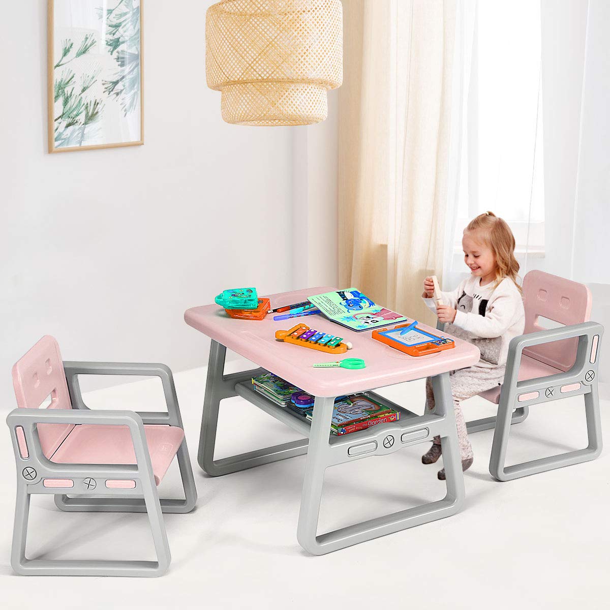 GYMAX Toddler Activity Table with 2 Chairs & Storage Shelf