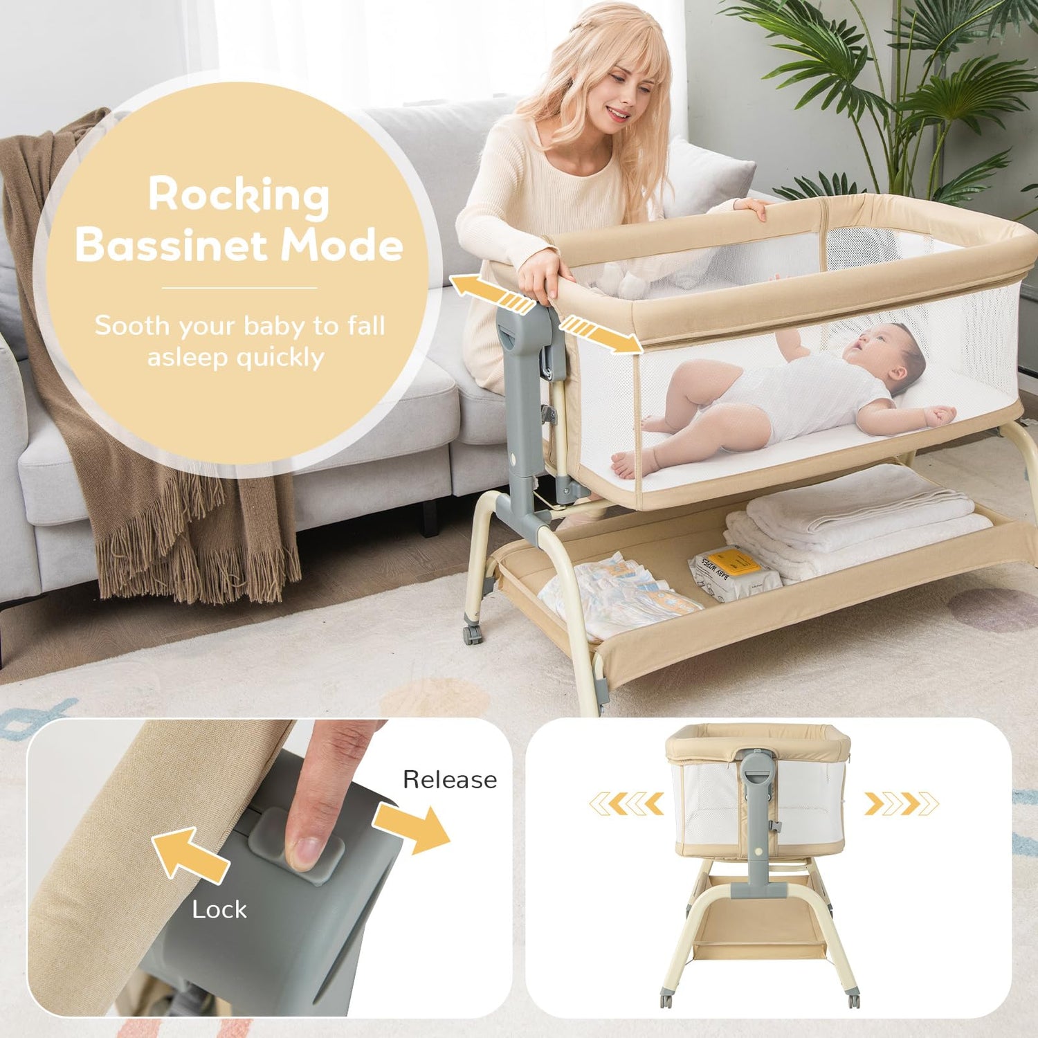 GYMAX Baby Beside Crib, 4-in-1 Infant Bassinet with Detachable Net, Soft Mattress, Storage Basket and Wheels