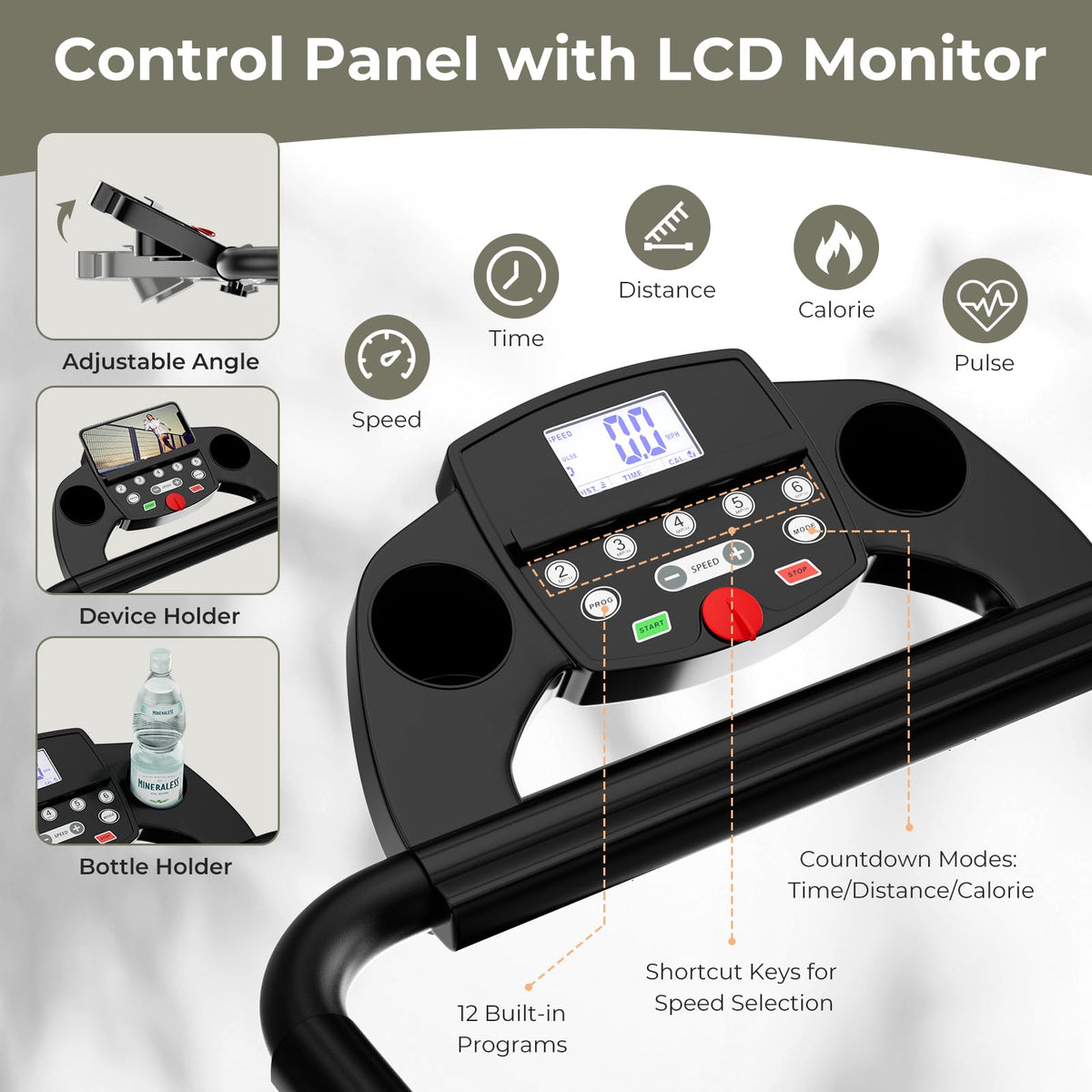 Slow Jogging Machine 2.0HP Easy Assembly Walking Running Machine with 12 Preset Programs ...