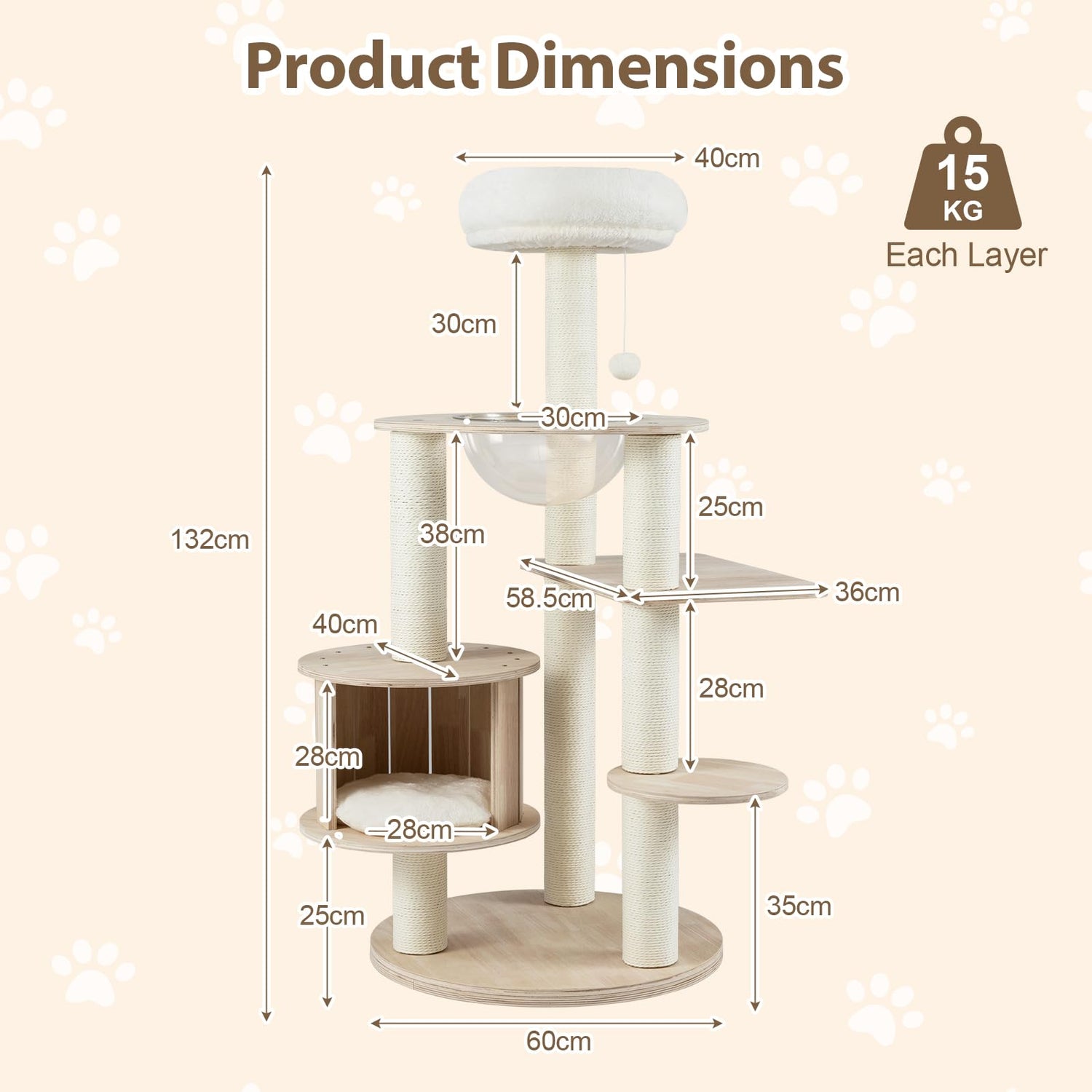 132cm Tall Wooden Cat Tree Solid Plywood Kitten Tower with Space Capsule
