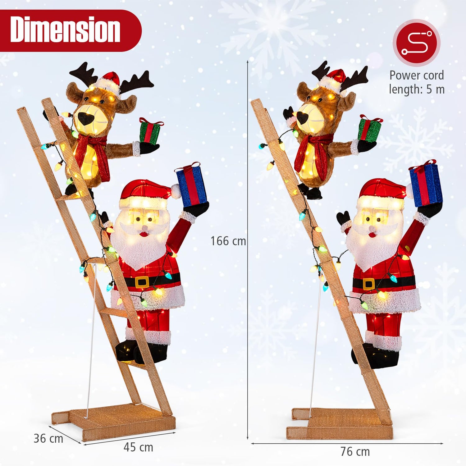 5.5 Feet Lighted Reindeer and Santa Claus on Ladder 3D Pre-Lit Indoor Outdoor