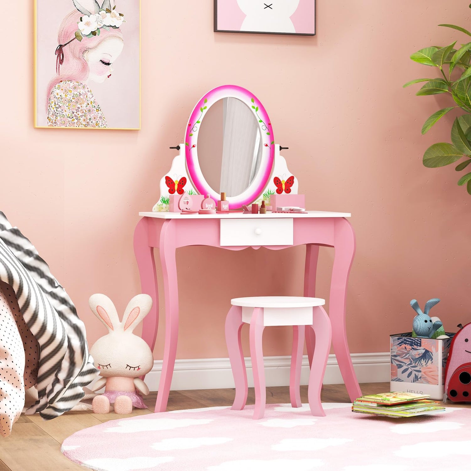 GYMAX Kids Vanity Table and Stool Set, Children Dressing Desk with 360°Rotatable Mirror/Whiteboard