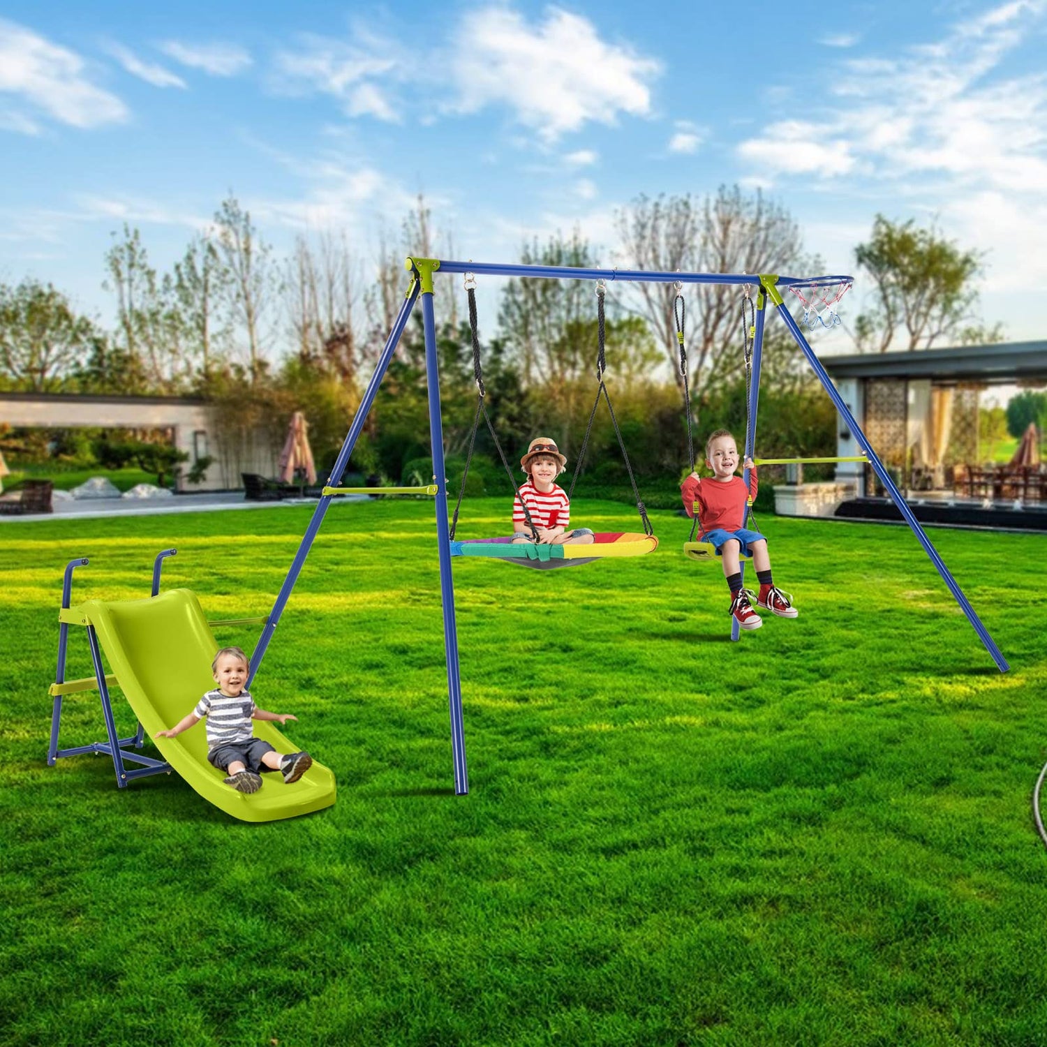 GYMAX 4 in 1 Kids Swing Set with Slide& Basketball Hoop