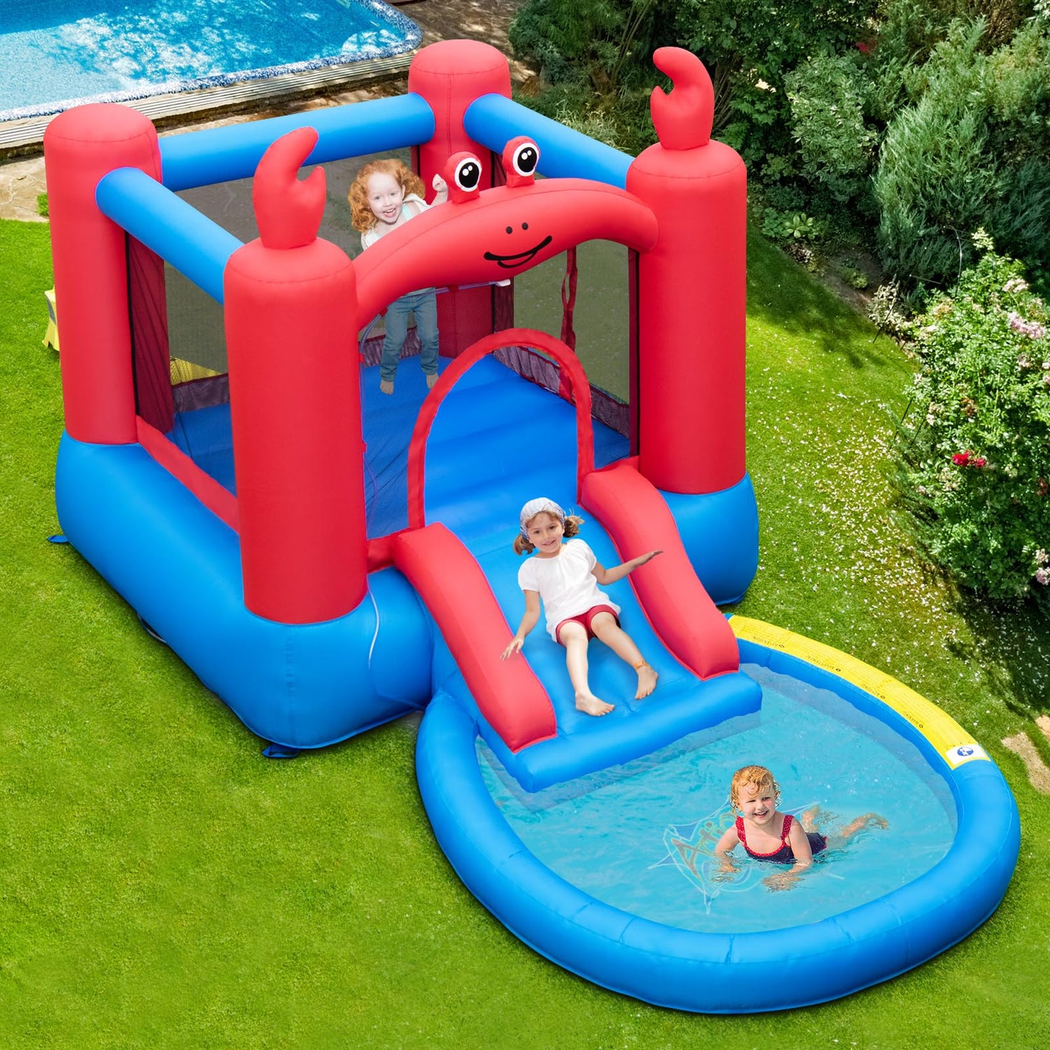 GYMAX Inflatable Jumping House with Slide, Round Ball Pit Pool
