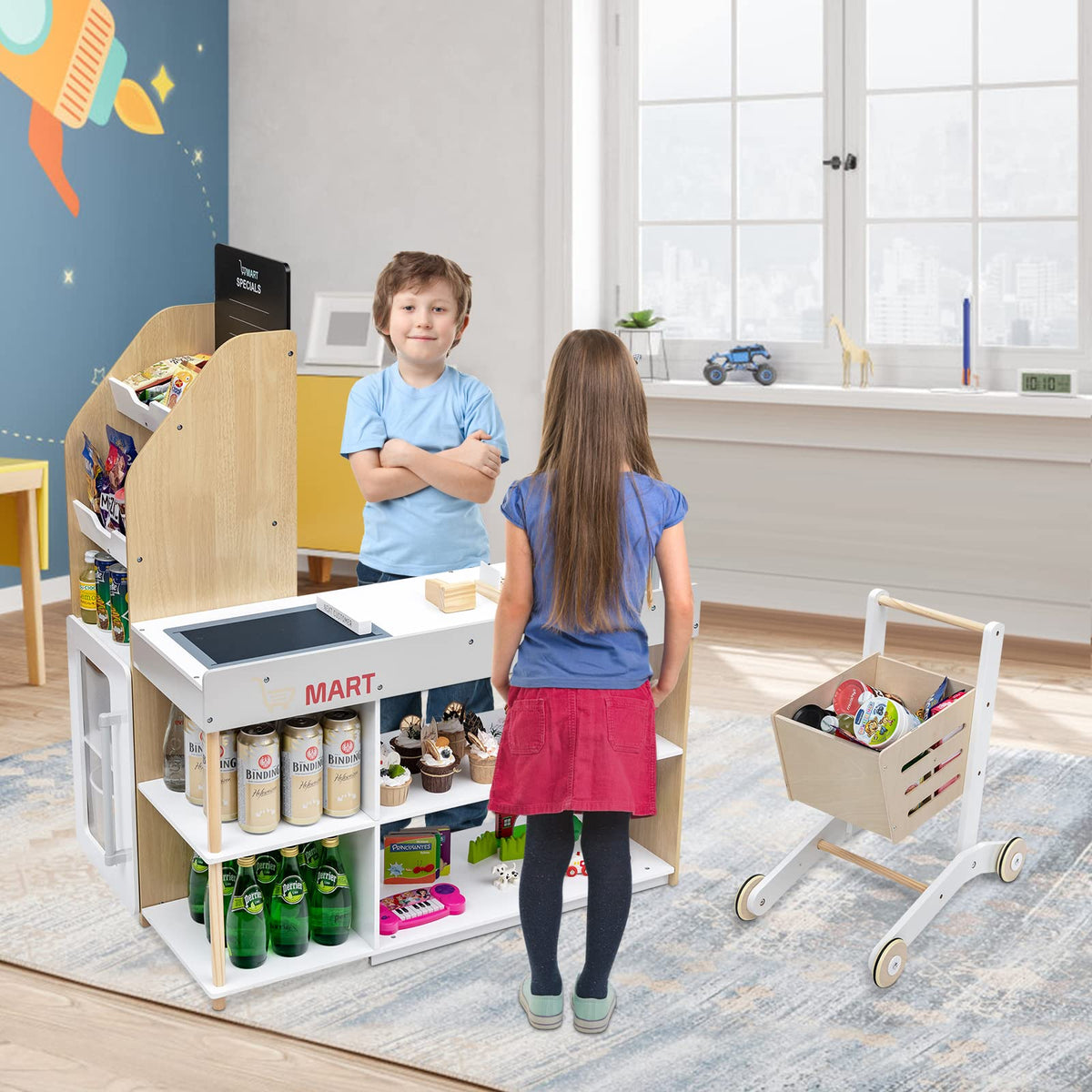 GYMAX Wooden Pretend Grocery Store and Shopping Trolley, Role Play Shop with Cash Register, Scanner, Credit Card and Coins, Supermarket Playset