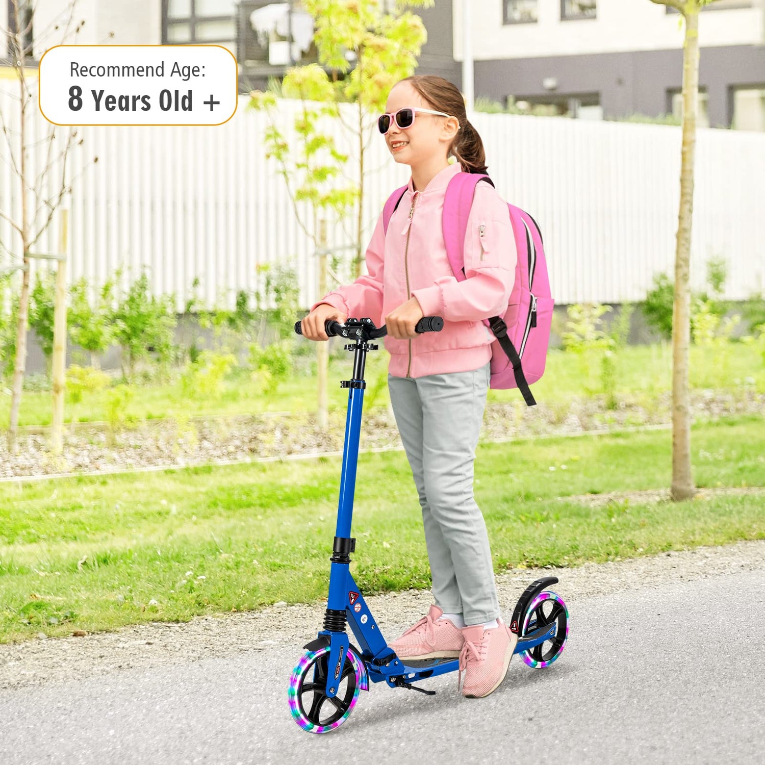 GYMAX Foldable Kick Scooter, Height Adjustable City Scooter with Light Up Wheels