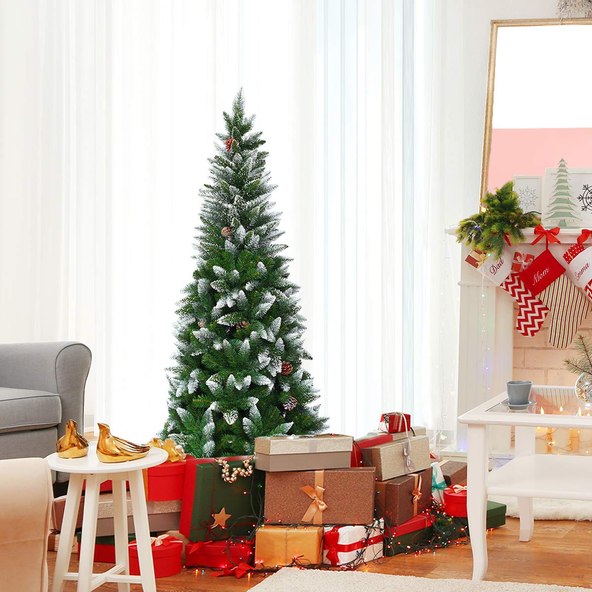 GYMAX Snow Flocked Pencil Christmas Tree with Pine Cones and Metal Stand
