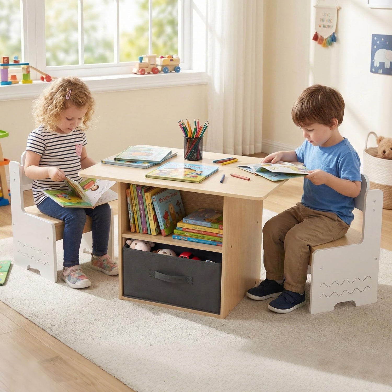 Kids Table and Chairs, Wooden Toddler Activity Desk Set