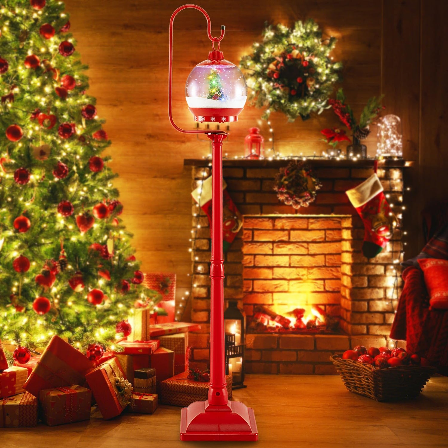 GYMAX Musical Christmas Street Lamp with Sound-Activated Snow Globe Lantern