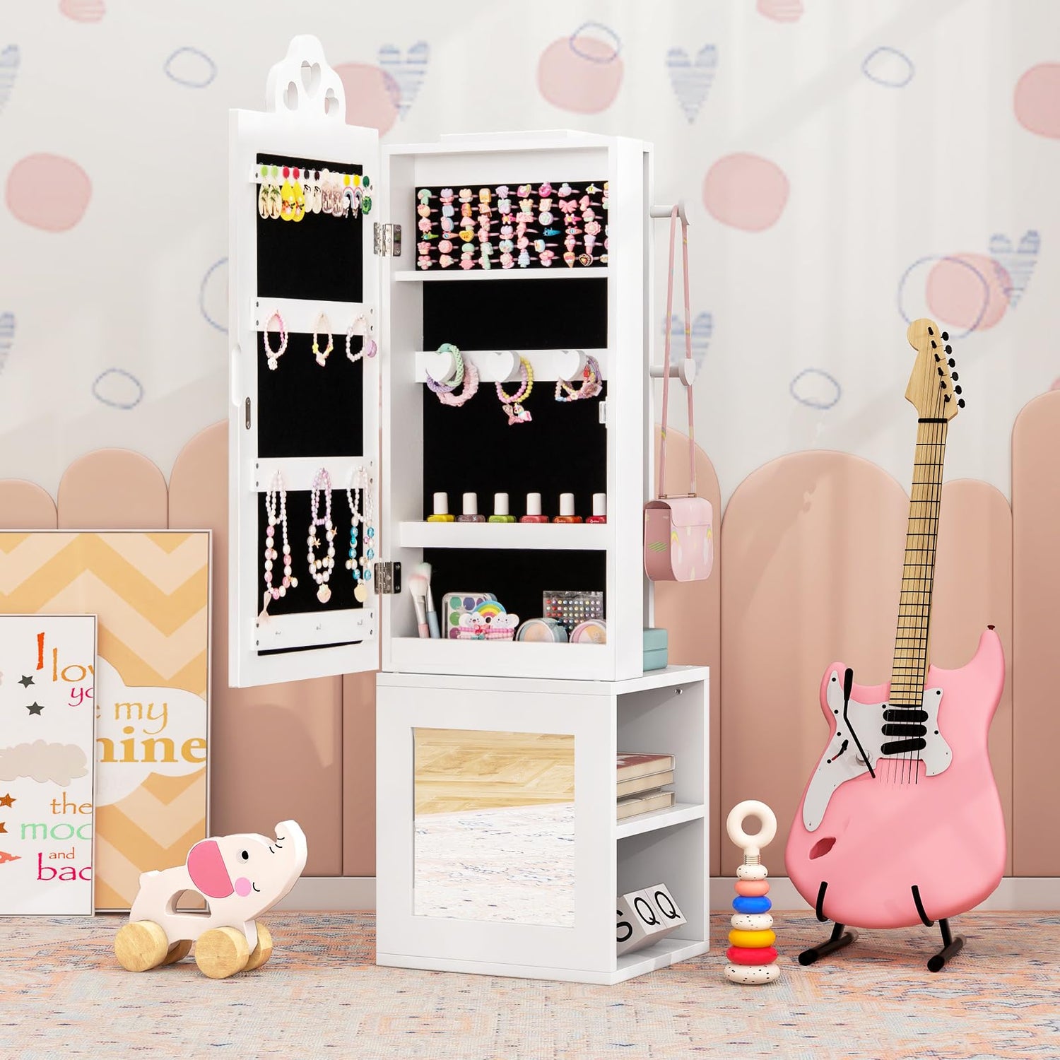 GYMAX Kids Jewelry Cabinet, 3 in 1 Girls Jewelry Organizer with Full-Length Mirror