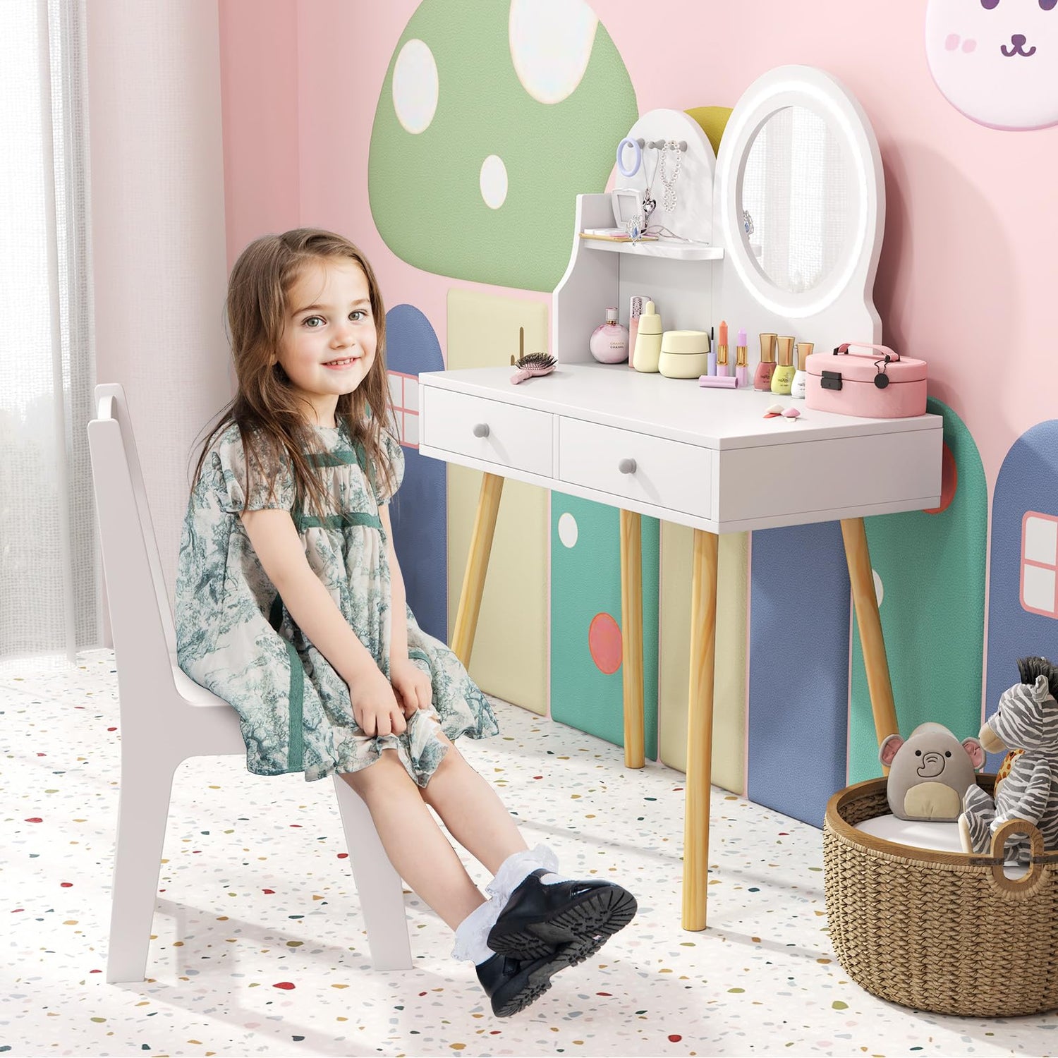 GYMAX Kids Vanity Table and Chair with 2-Color LED Lighted Mirror