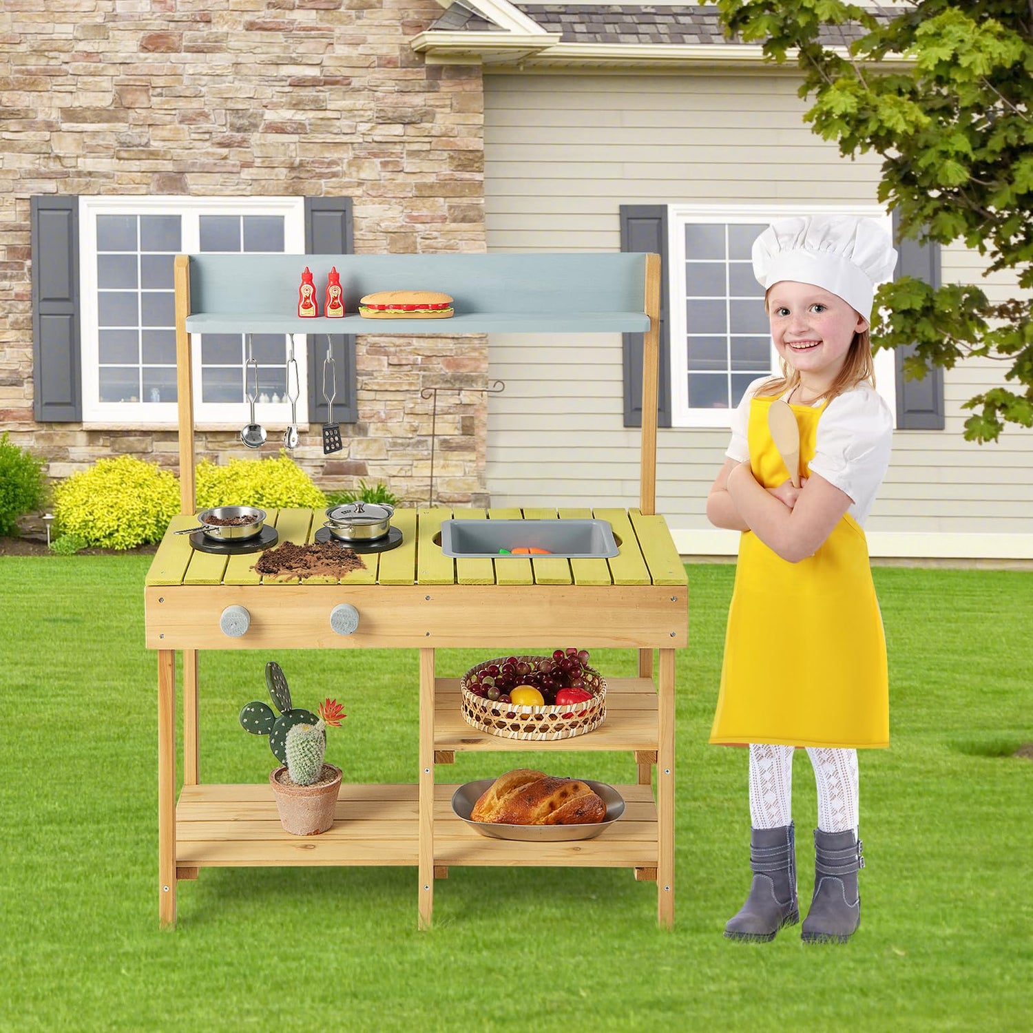GYMAX Wooden Toy Kitchen, Kids Play Kitchen with Stove Top