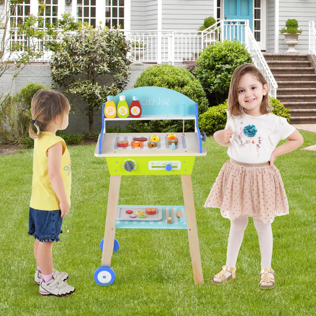 GYMAX Wooden Kid’s Pretend BBQ Grill Play Set with Play Food