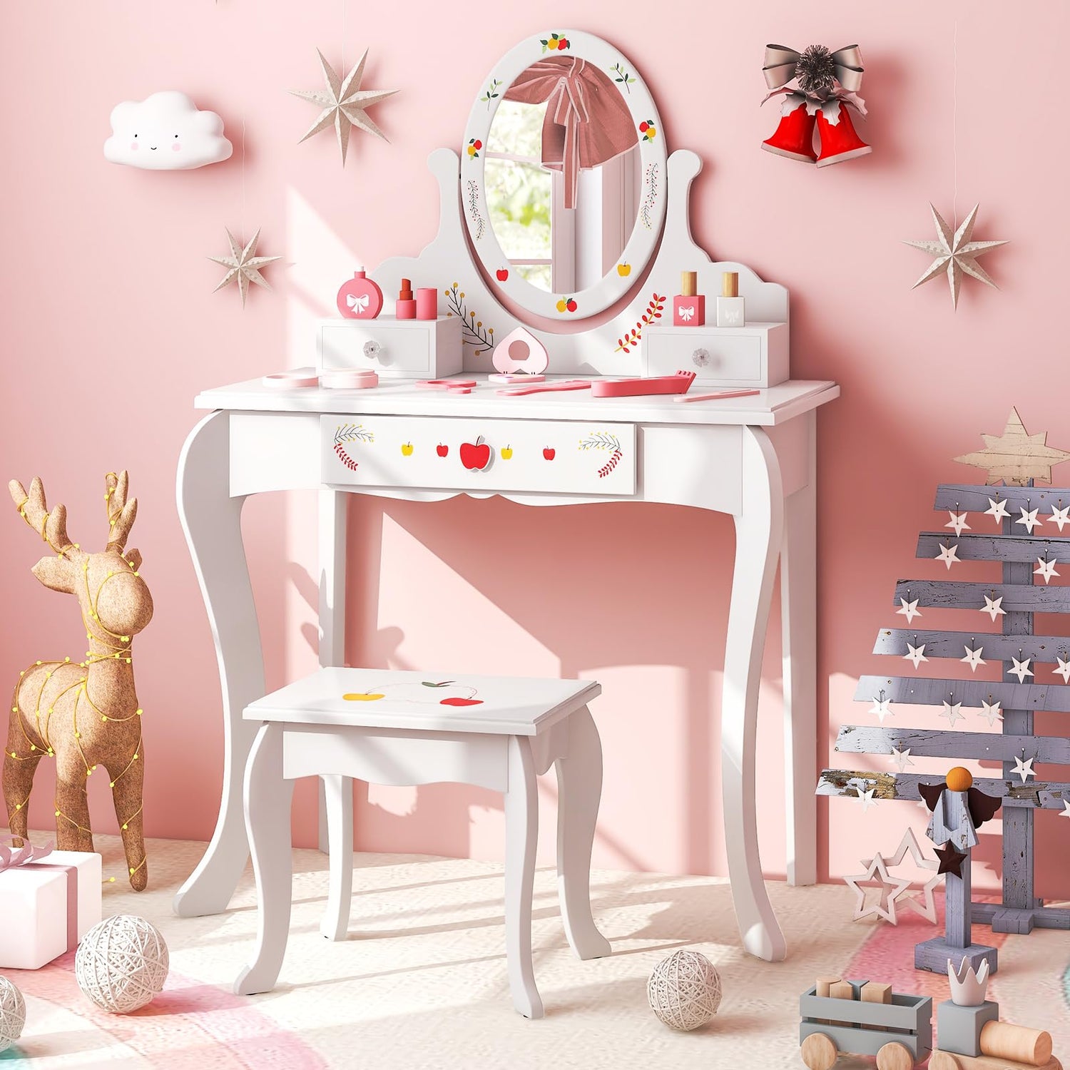 GYMAX Kids Vanity Table and Stool Set, Children Dressing Desk with 360°Rotatable Mirror/Whiteboard & Drawers