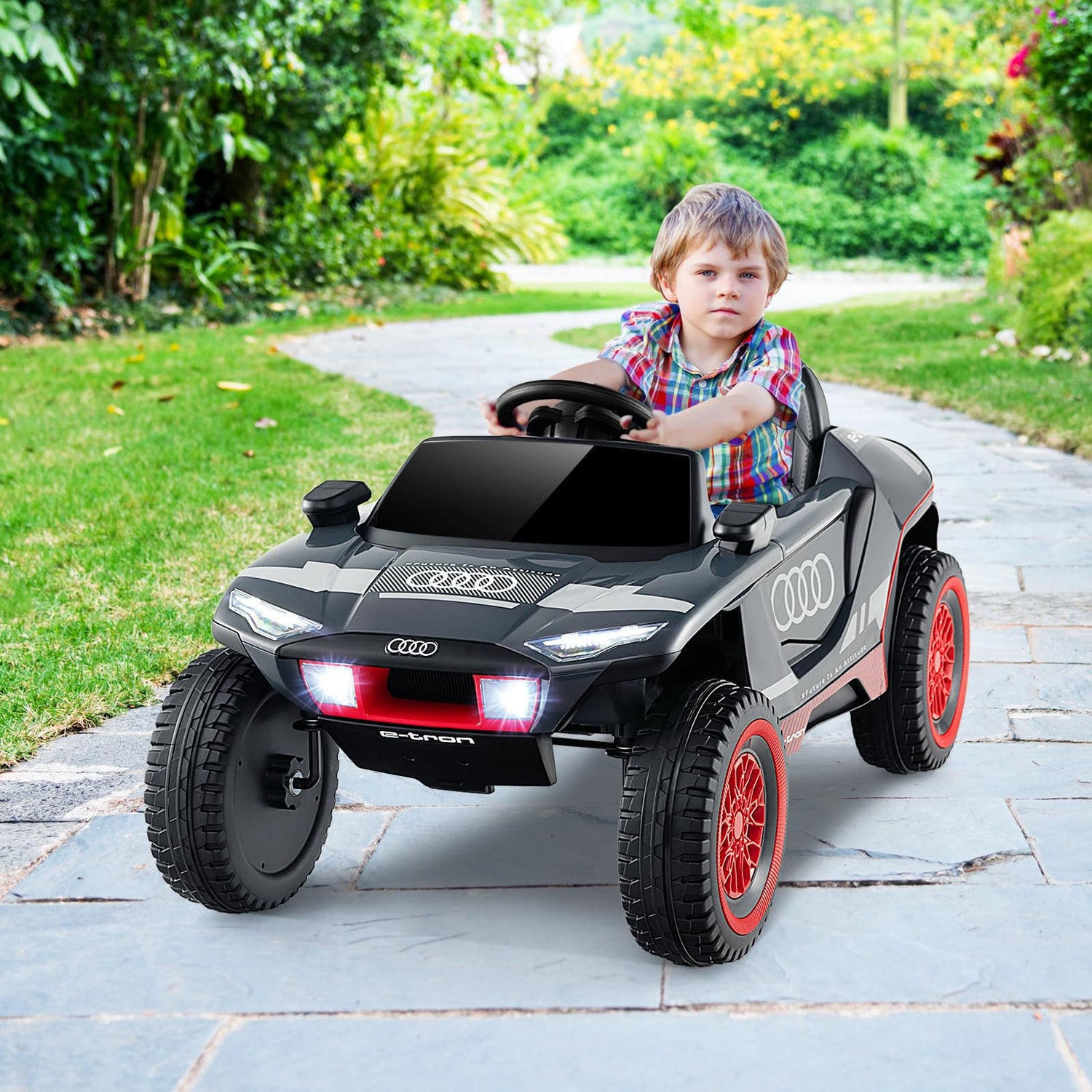 GYMAX Kids Ride on Car, 12V Battery Powered Licensed Audi Toy Car with Remote Control, Music, Horn, FM, USB