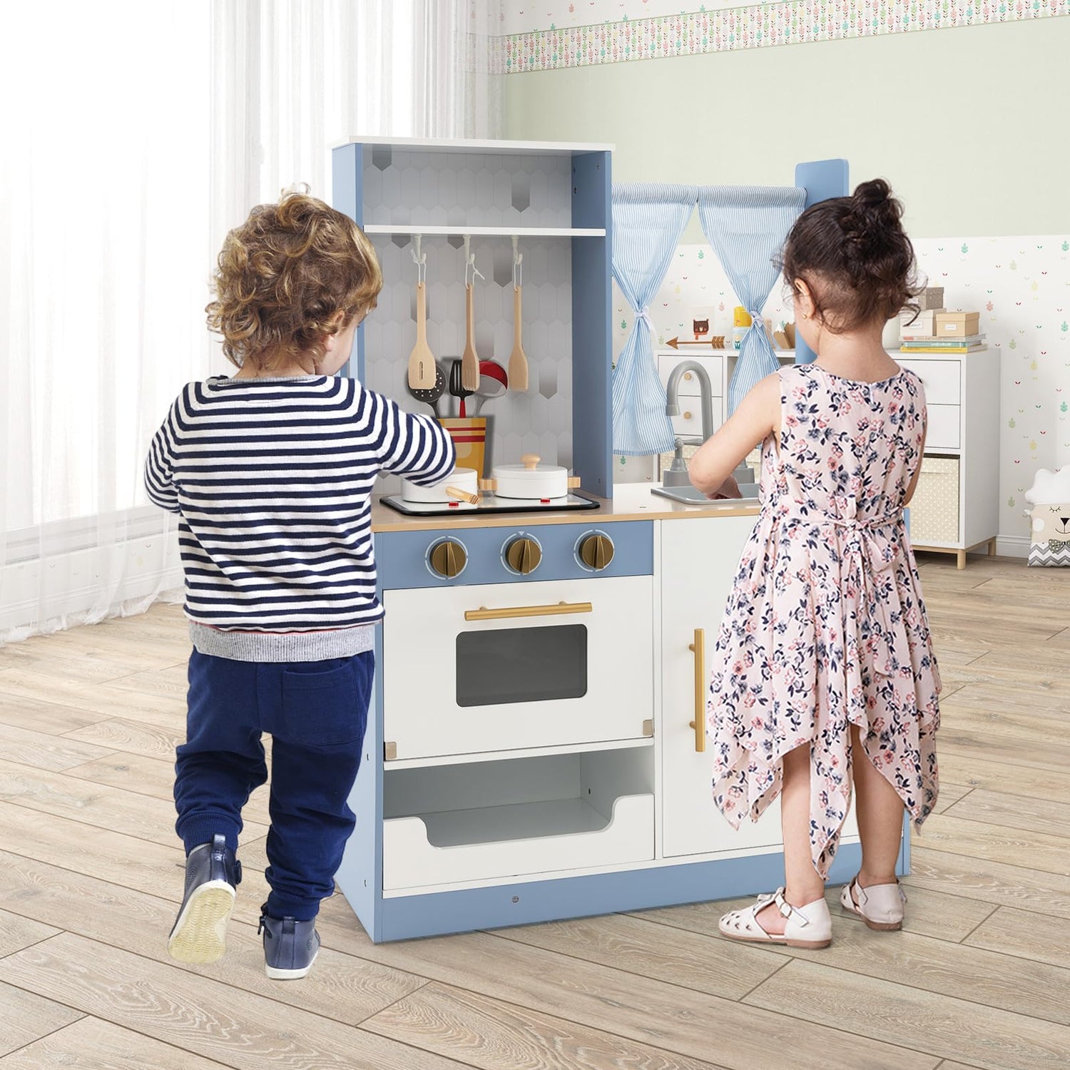 GYMAX Kids Play Kitchen, Wooden Kitchen Playset with Curtains, Stoves, Sink, Oven, Water Dispenser, Accessories, Realistic Light & Sound