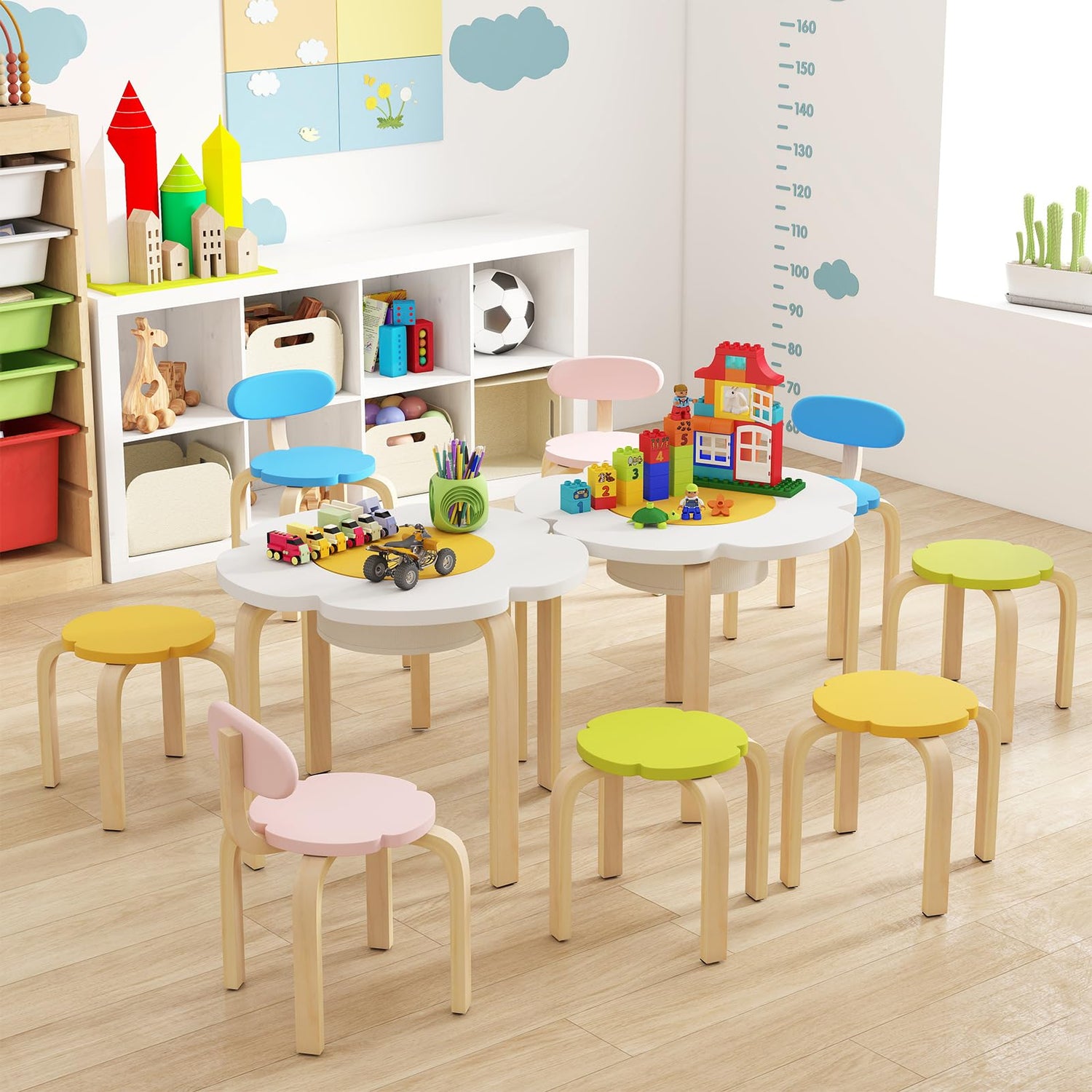 Flower-shaped Children Table Set Wooden Play and Activity Table with 2 Colorful Chairs and Stools-Multicolor