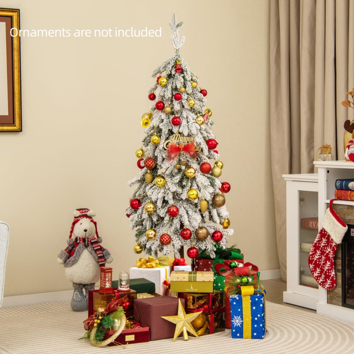 GYMAX 5FT Artificial Snow Flocked Xmas Tree with 160 LED Lights