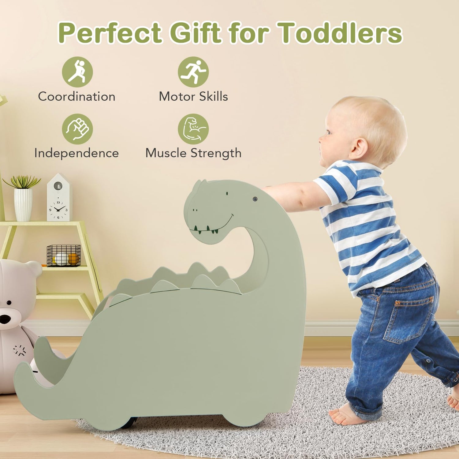 GYMAX Baby Learning Walker, 2-in-1 Wooden Baby Push Walker with Large Toy Storage Chest and 4 Wheels