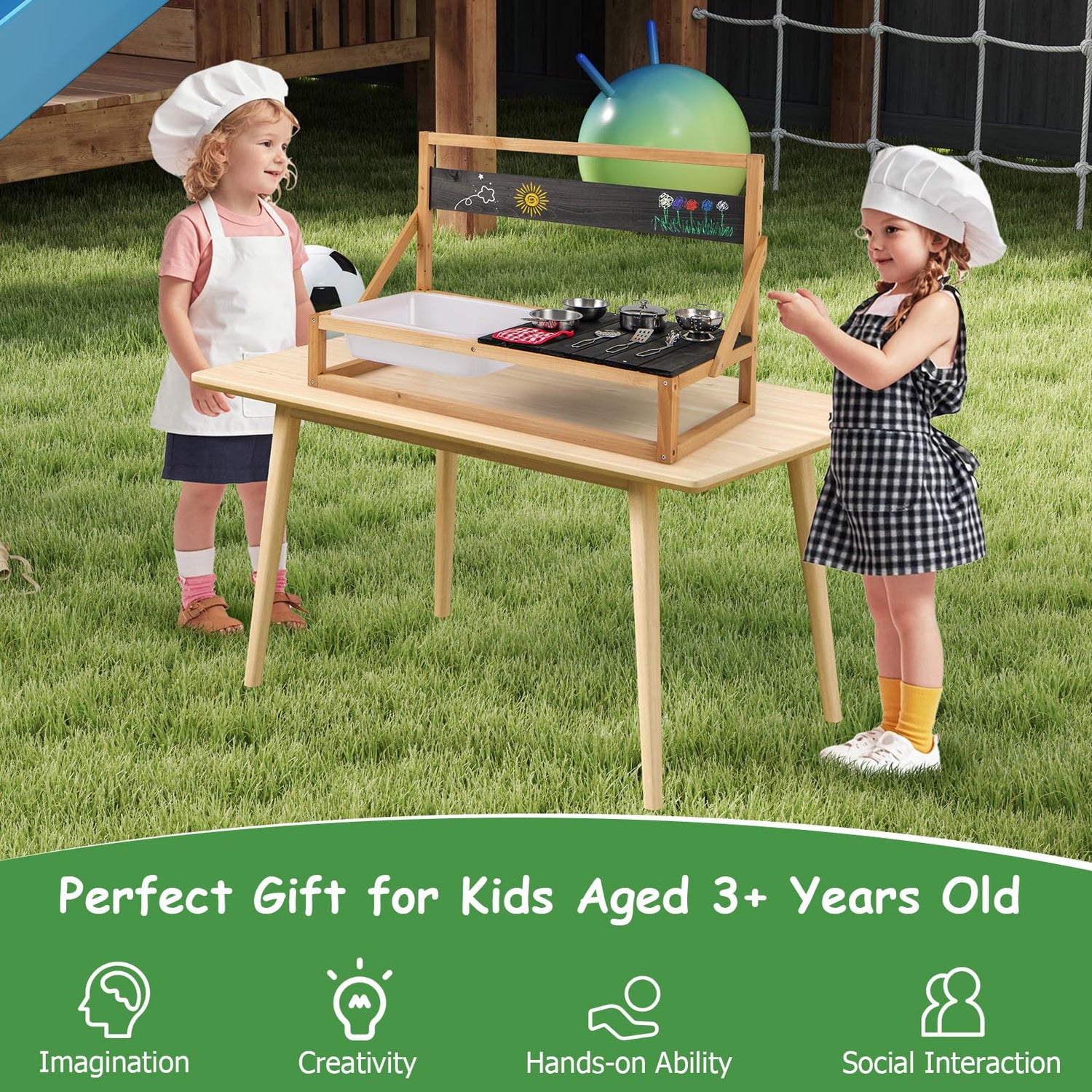 GYMAX Kids Mud Kitchen, Wall Mounted Outdoor Toy Kitchen Set with Hanging Hooks