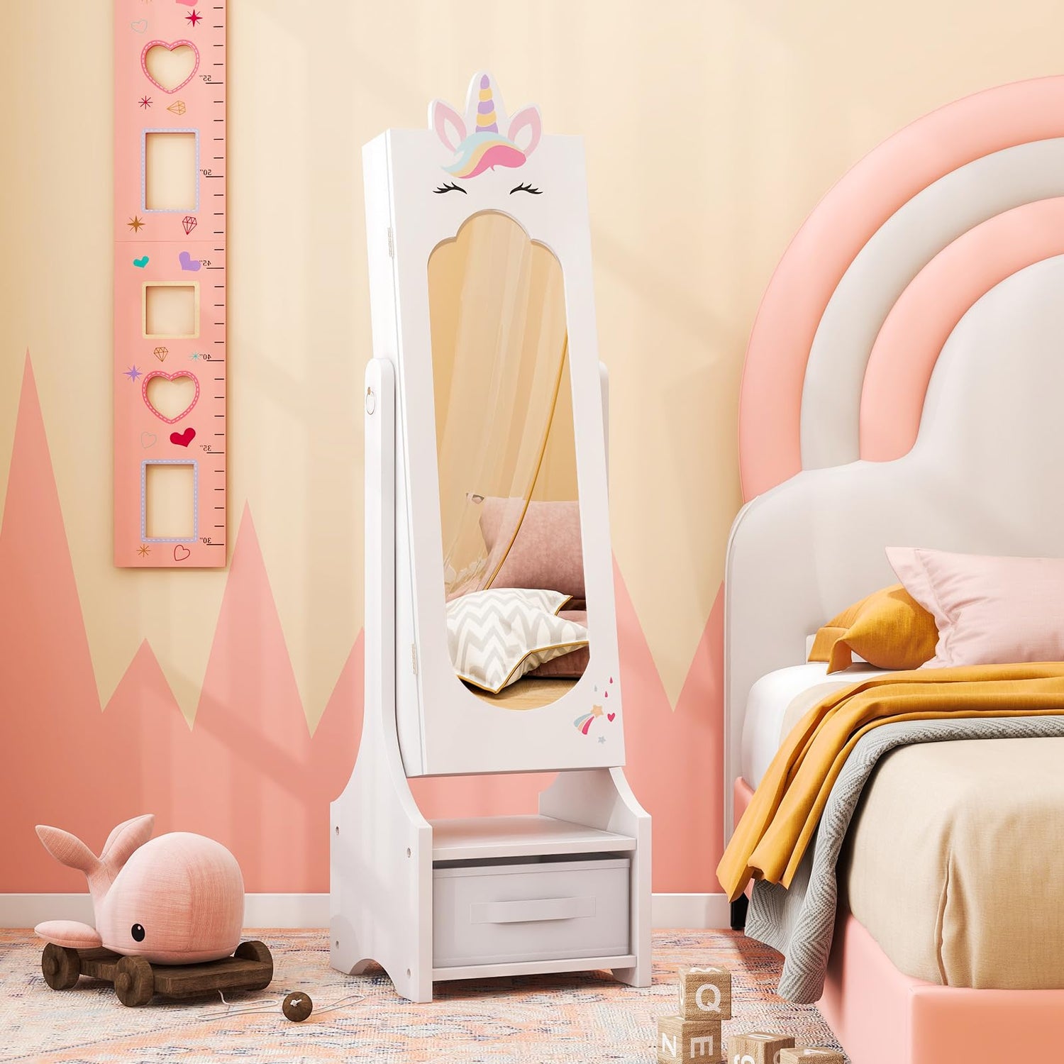 GYMAX Kids Jewelry Cabinet with Full-Length Mirror