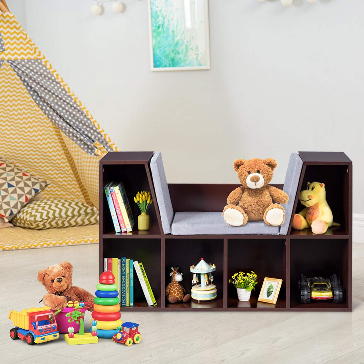 GYMAX Kids Storage Shelf, 6-Cubby Children Bookcase with Seat Cushion
