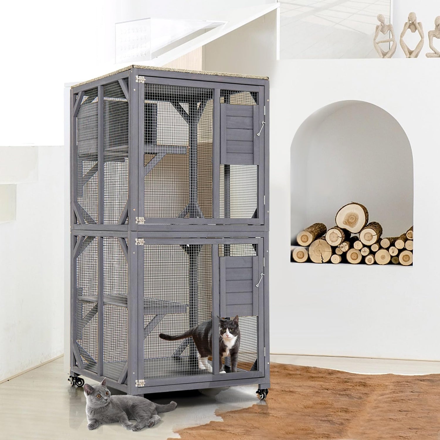 GYMAX Large Cat House, Wooden Cat Enclosure on Wheels with Weatherproof Asphalt Roof, Doors
