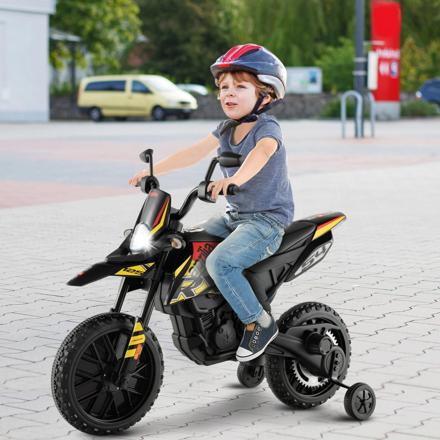 GYMAX Kids Electric Motorbike, 12V Aprilia Licensed Battery Powered Ride on Motorcycle