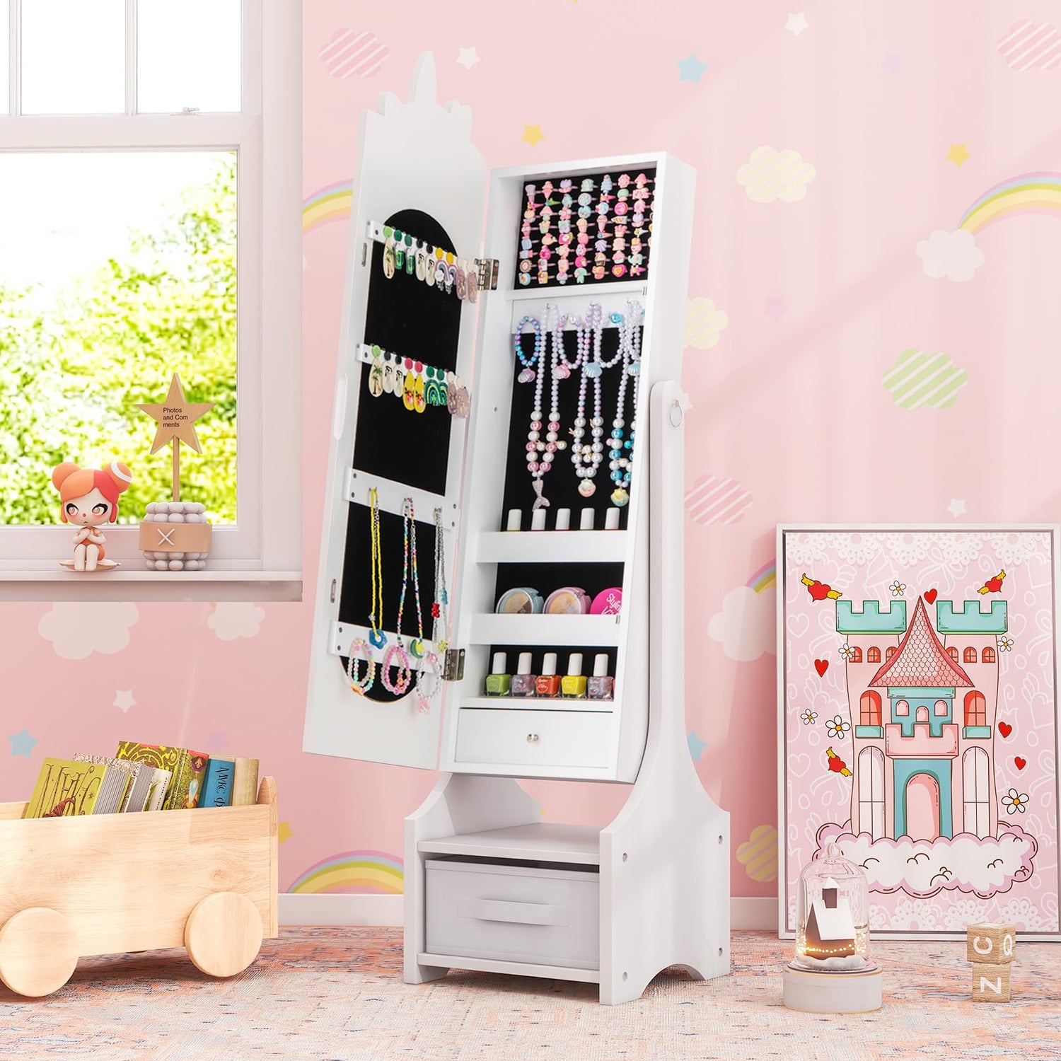 GYMAX Kids Jewelry Cabinet, Freestanding Girls Jewelry Organizer with Full-Length Mirror