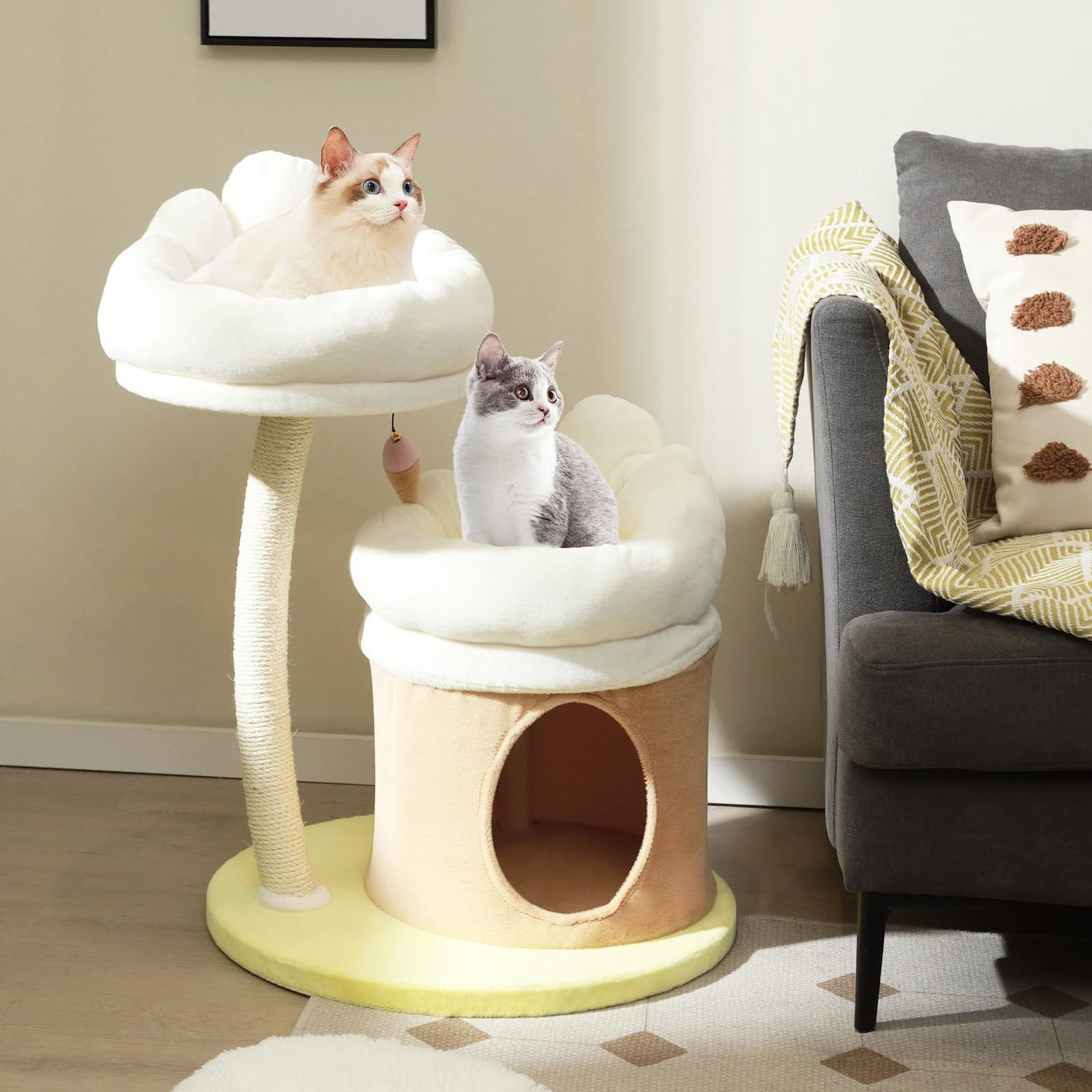 GYMAX Cat Tree, 83cm Cute Cat Tower with Sisal Scratching Post, Washable Padded Top Perch, Cat Condo, Interactive Ball