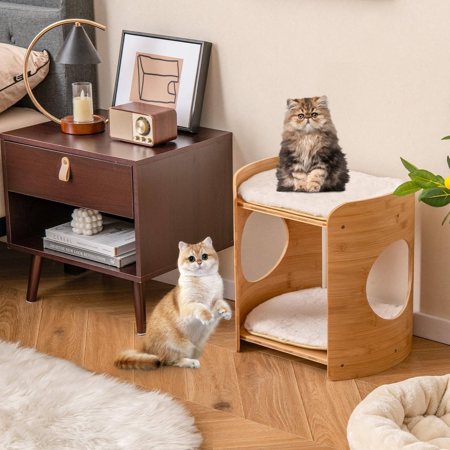 GYMAX Cat Bed, 2-tier Bamboo Cat Tree with Removable & Washable Cushions, Cat Holes