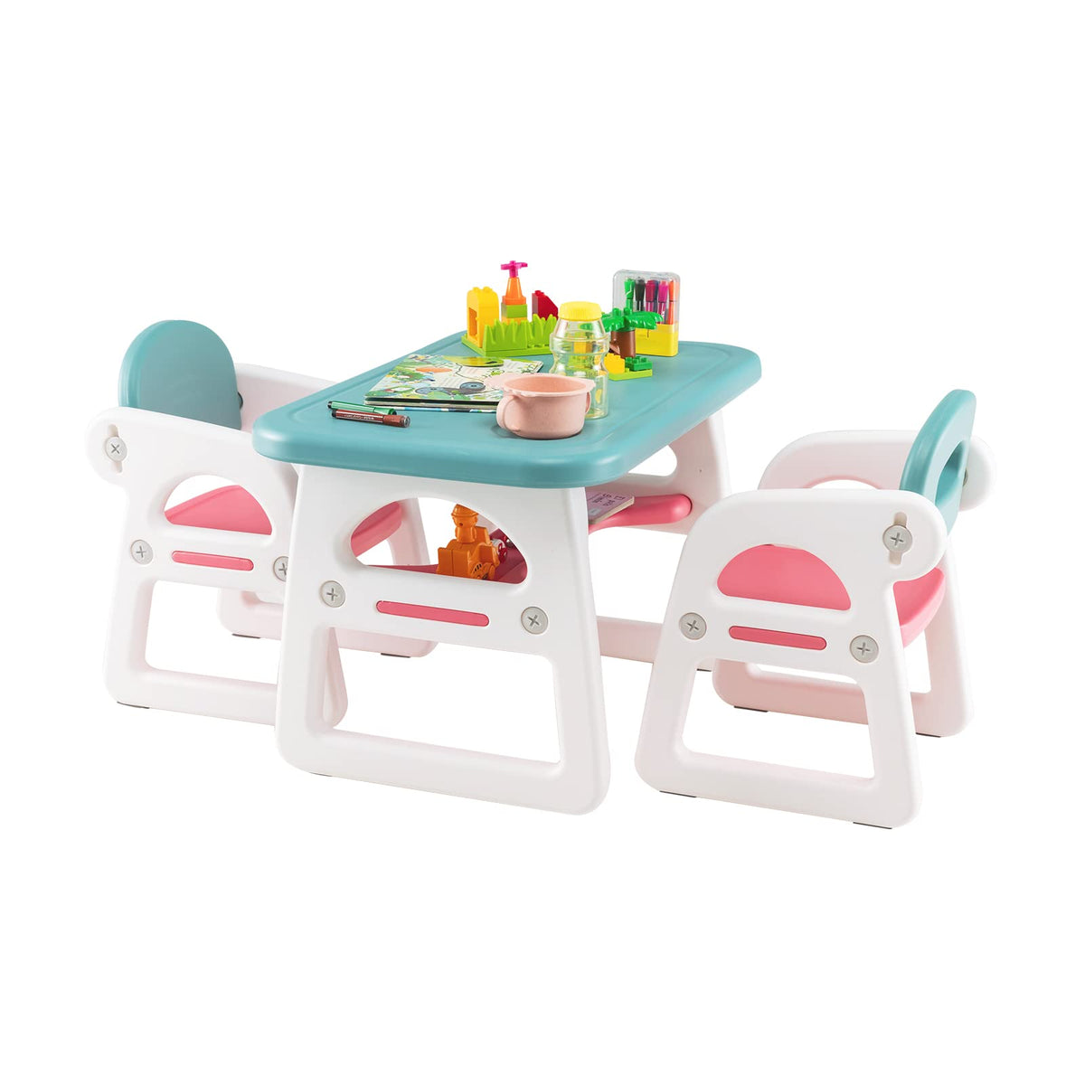 3-Piece Kids Table and Chairs Set with Storage Rack