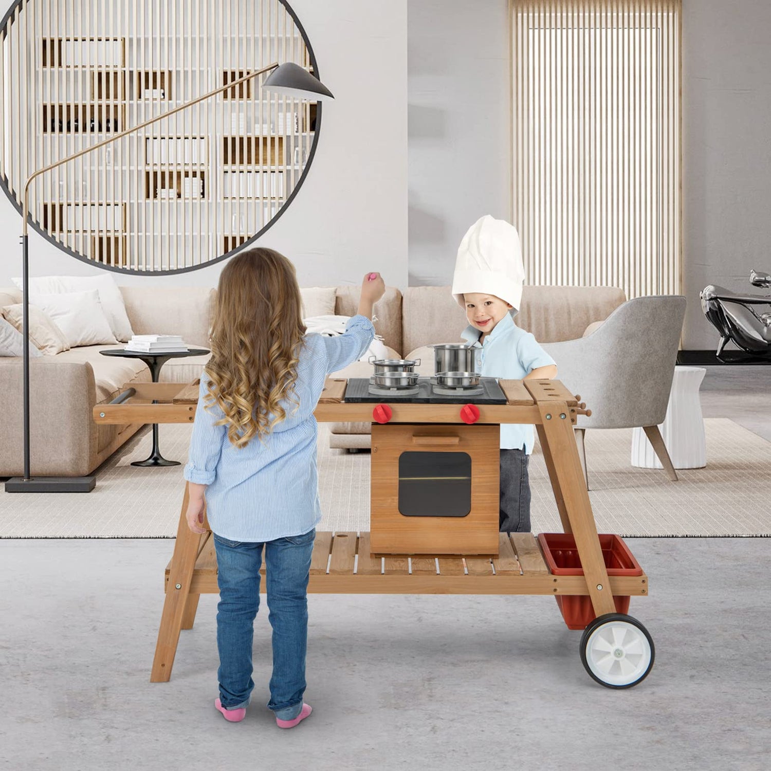 GYMAX Kids Mud Kitchen, Outdoor Wooden Toy Kitchen with Removable Umbrella