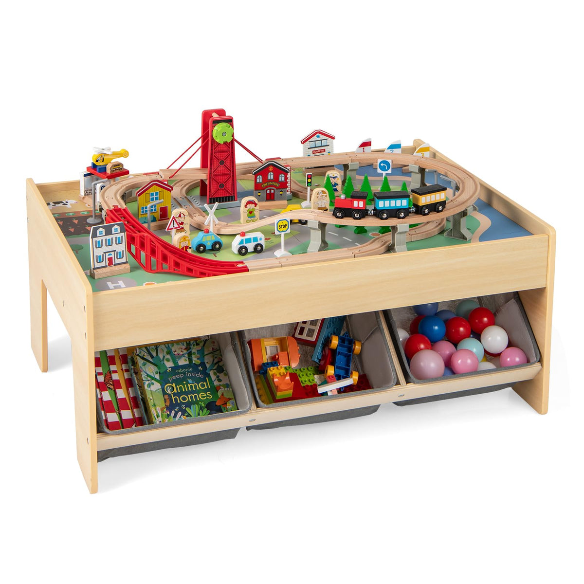 Wooden Train Set Table with 2 Reversible Tabletops and 3 Fabric Drawers