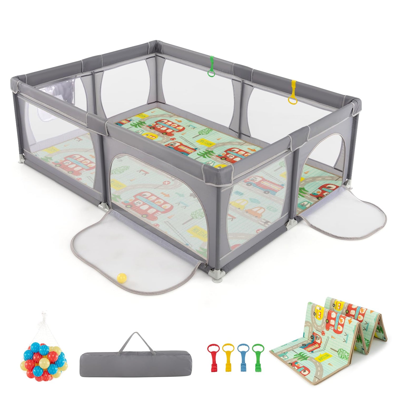 GYMAX 206 x 147cm Toddler Fence Play Yard with 50 Ocean Balls