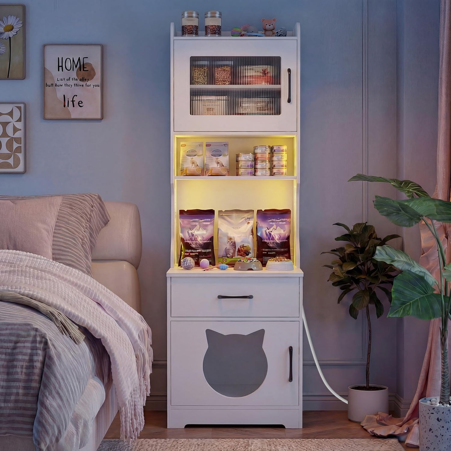 Wooden Cat House with Adjustable LED Light, Charging Station, Storage Shelves, Drawer