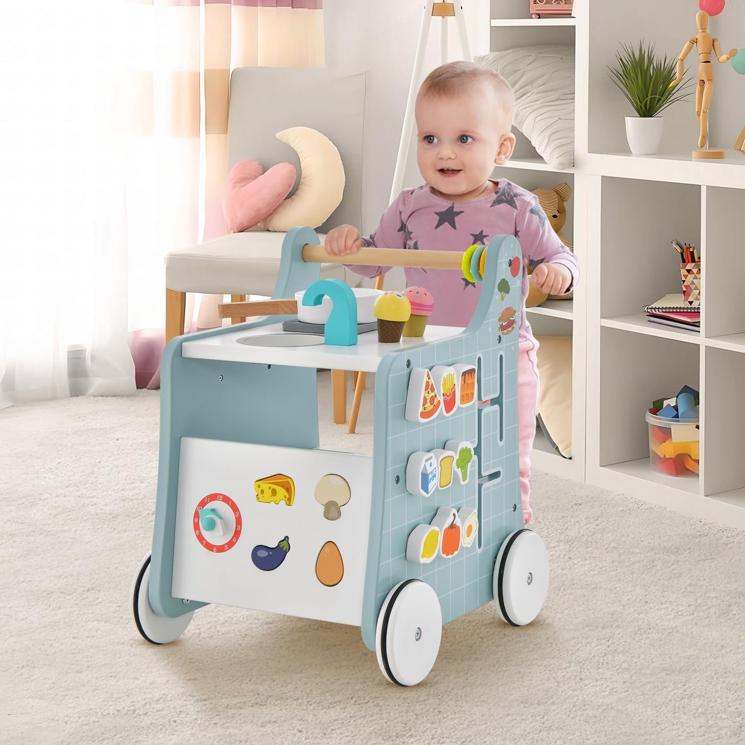 GYMAX 6-in-1 Wooden Baby Walker, Toddler Push Along Walker with Teaching Clock