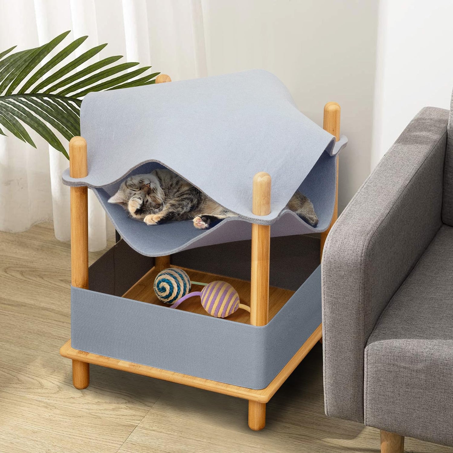 GYMAX Elevated Cat Bed, 2-tier Bamboo Frame Cat House with Dual-Layer Felt Fabric Top