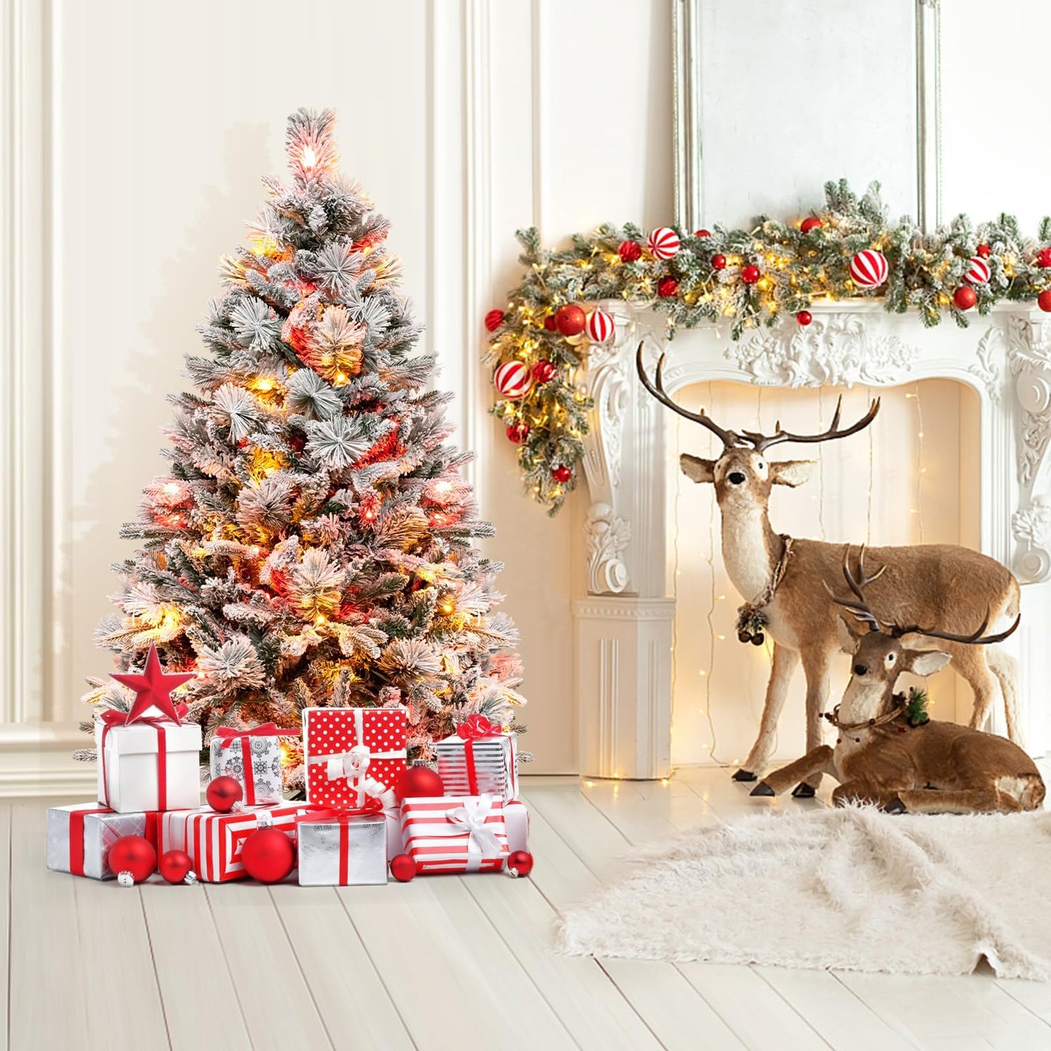 GYMAX 4.5FT Pre-lit Snow-flocked Artificial Christmas Tree